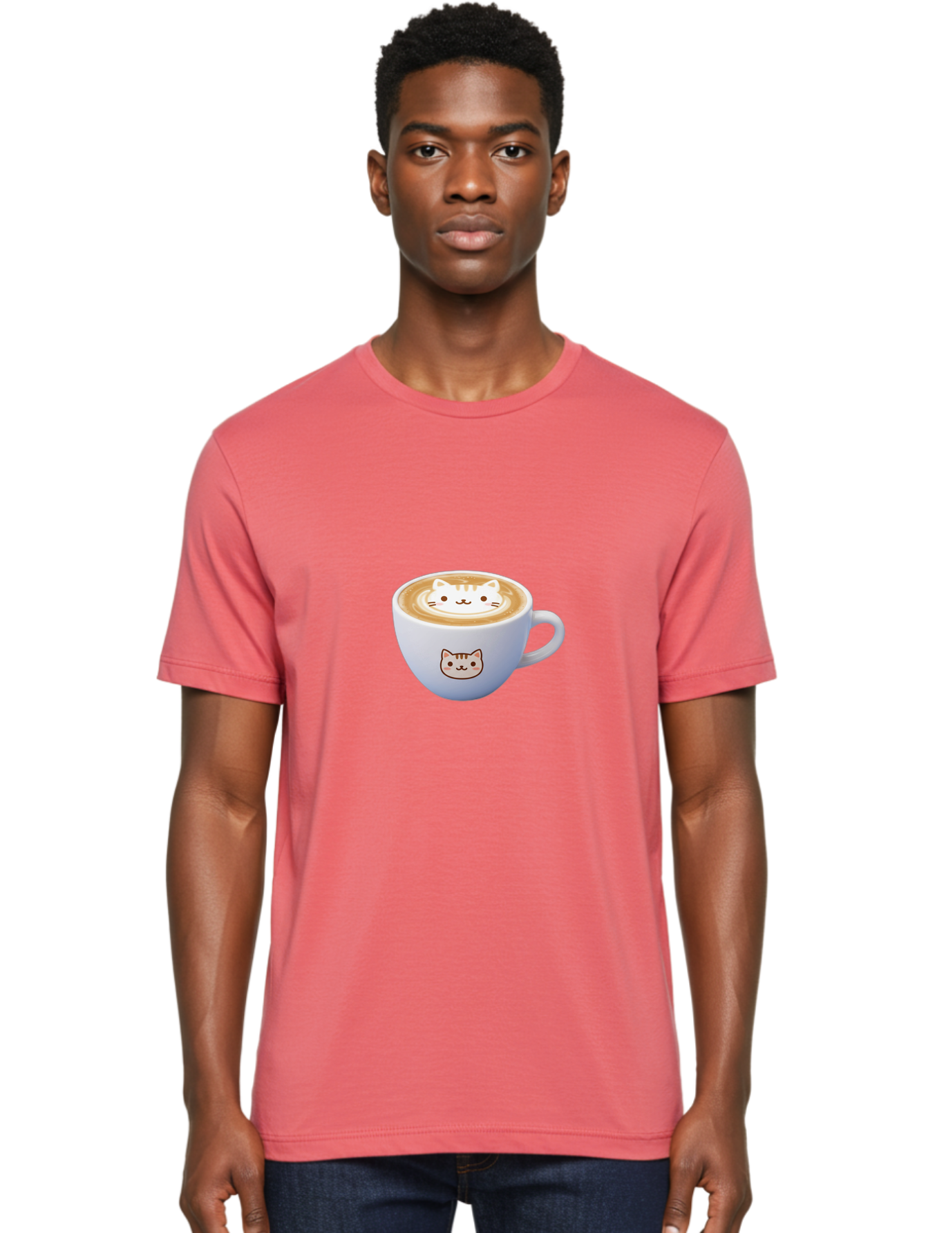 Cat-Coffee Men'S Graphic Tee, 100% Cotton, Comfortable Casual Summer Wear, Machine Washable, Cat Face Latte Art, Coffee Cup Design, Feline Illustration, Cute Cat Graphics, Coffee Culture, Latte Art, Adorable Cat Face Baa275
