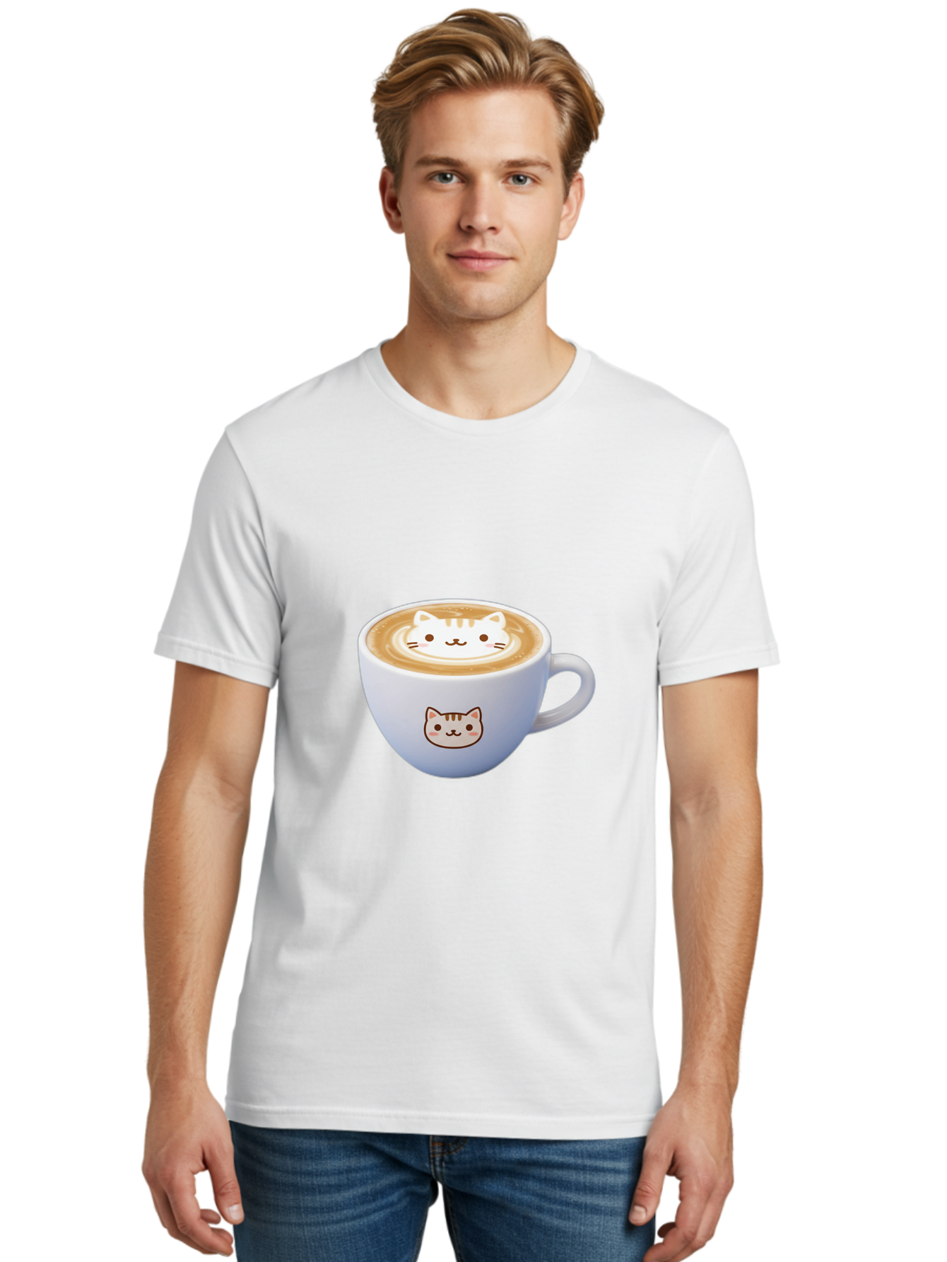Cat-Coffee Men'S Graphic Tee, 100% Cotton, Comfortable Casual Summer Wear, Machine Washable, Cat Face Latte Art, Coffee Cup Design, Feline Illustration, Cute Cat Graphics, Coffee Culture, Latte Art, Adorable Cat Face Baa275
