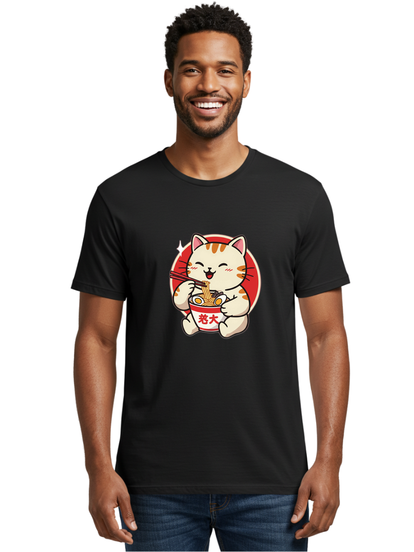 Cat-Eating-Ramen Men'S Graphic Tee, 100% Cotton, Comfortable Casual Summer Wear, Machine Washable, Cute Kitten Eating Ramen, Cartoon Cat With Chopsticks, Adorable Kitty Enjoying Noodles, Kawaii Animal, Orange Tabby Cat, Bowl Of Ramen, Baa276