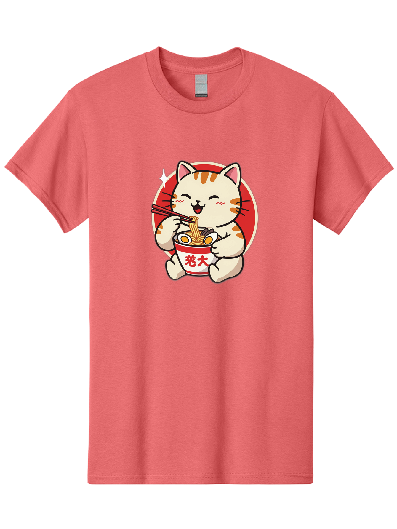 Cat-Eating-Ramen Men'S Graphic Tee, 100% Cotton, Comfortable Casual Summer Wear, Machine Washable, Cute Kitten Eating Ramen, Cartoon Cat With Chopsticks, Adorable Kitty Enjoying Noodles, Kawaii Animal, Orange Tabby Cat, Bowl Of Ramen, Baa276