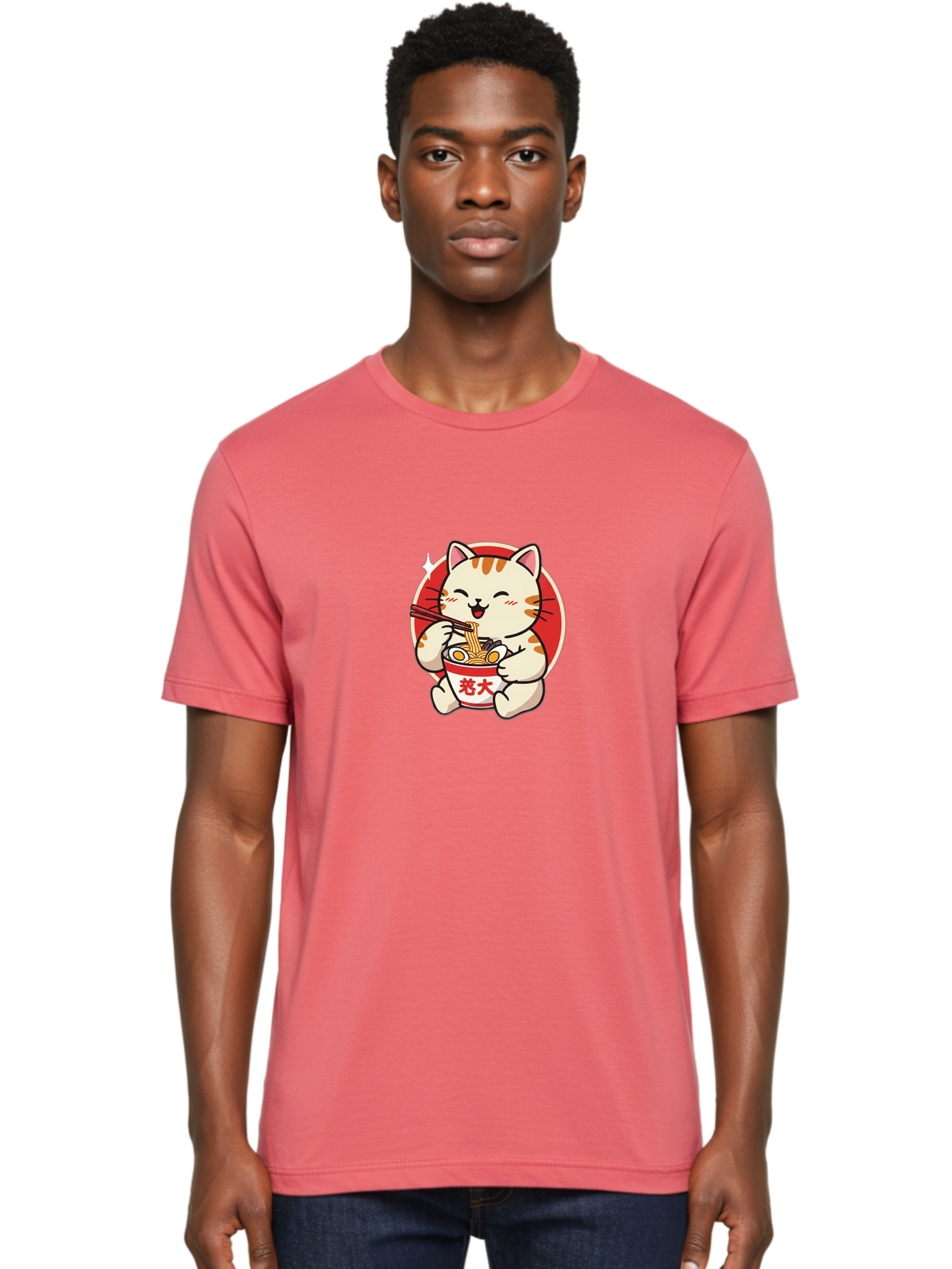 Cat-Eating-Ramen Men'S Graphic Tee, 100% Cotton, Comfortable Casual Summer Wear, Machine Washable, Cute Kitten Eating Ramen, Cartoon Cat With Chopsticks, Adorable Kitty Enjoying Noodles, Kawaii Animal, Orange Tabby Cat, Bowl Of Ramen, Baa276