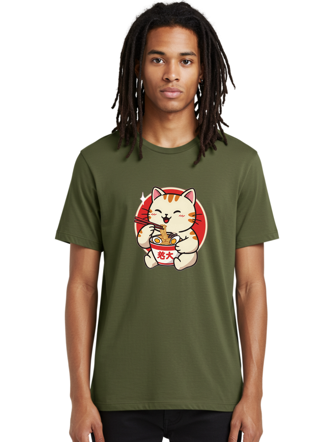 Cat-Eating-Ramen Men'S Graphic Tee, 100% Cotton, Comfortable Casual Summer Wear, Machine Washable, Cute Kitten Eating Ramen, Cartoon Cat With Chopsticks, Adorable Kitty Enjoying Noodles, Kawaii Animal, Orange Tabby Cat, Bowl Of Ramen, Baa276
