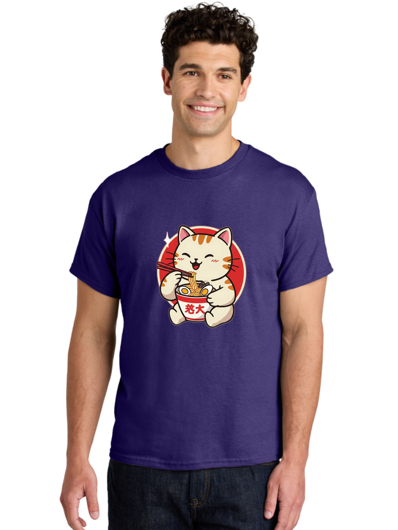 Cat-Eating-Ramen Men'S Graphic Tee, 100% Cotton, Comfortable Casual Summer Wear, Machine Washable, Cute Kitten Eating Ramen, Cartoon Cat With Chopsticks, Adorable Kitty Enjoying Noodles, Kawaii Animal, Orange Tabby Cat, Bowl Of Ramen, Baa276
