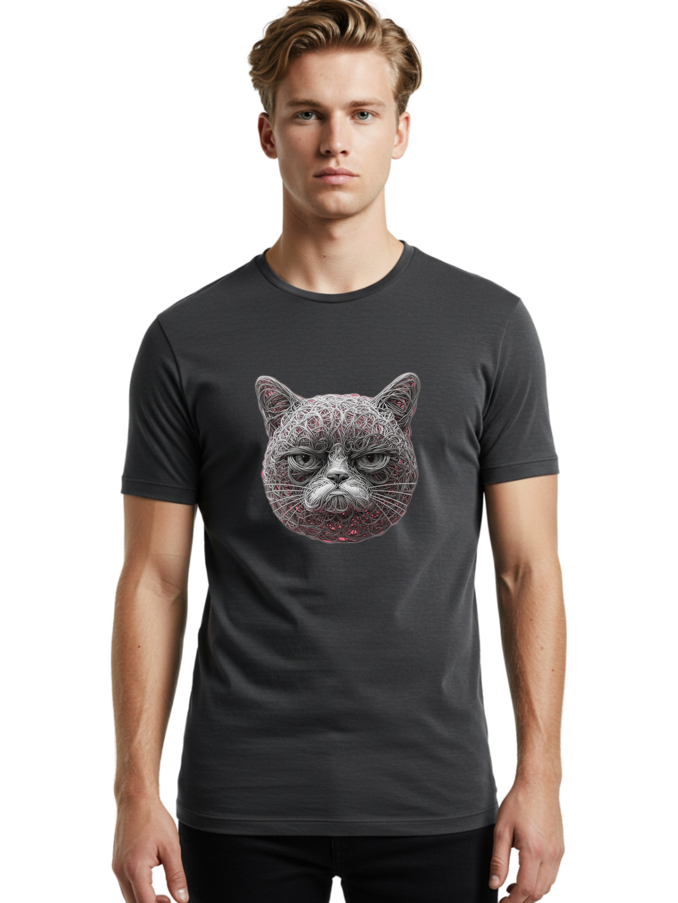 Cat-Face Men'S Graphic Tee, 100% Cotton, Comfortable Casual Summer Wear, Machine Washable, Detailed Cat Face, Intricate Line Art, Whimsical Feline Design, Bold Illustration, Expressive Cat Features, Abstract Cat Portrait, Swirling Patterns, Baa277