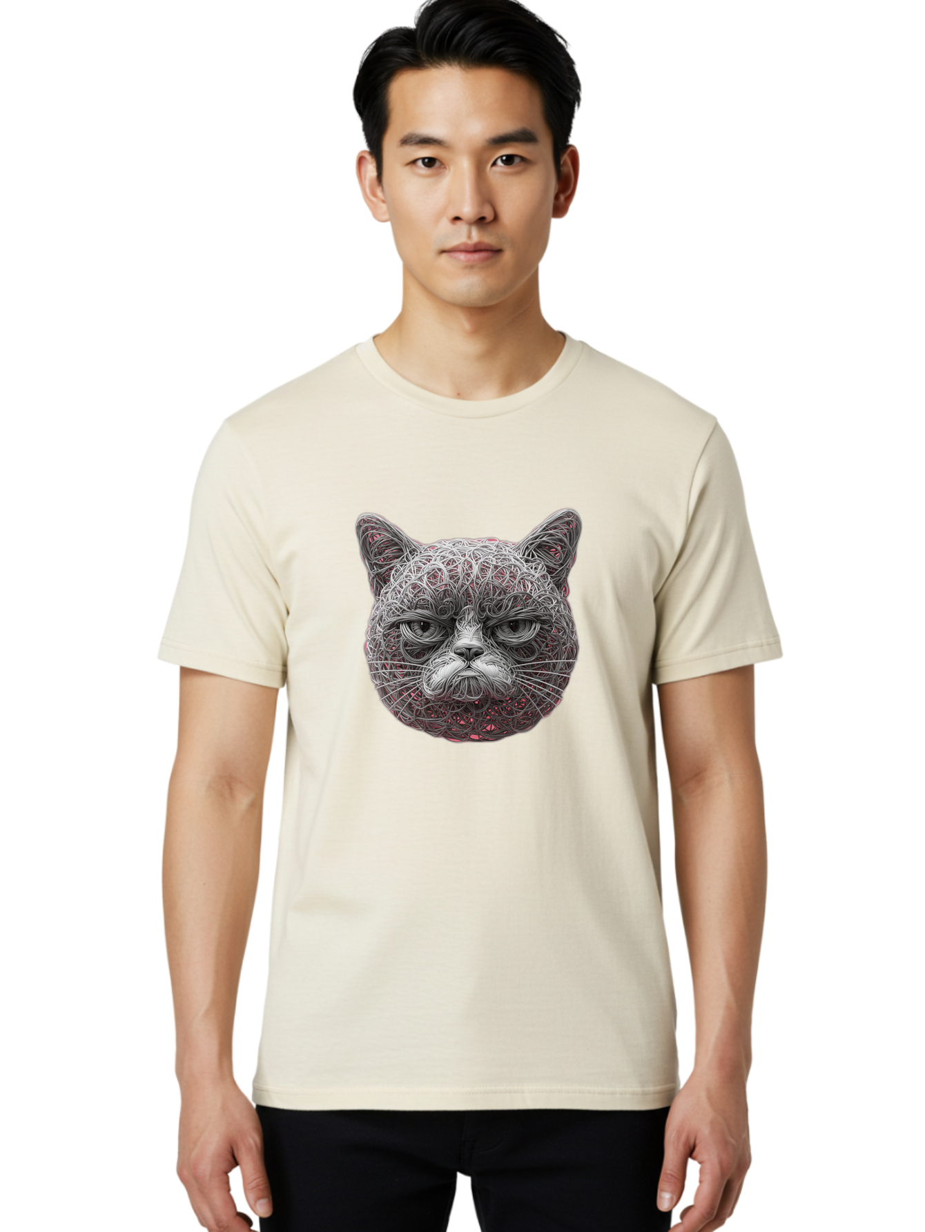 Cat-Face Men'S Graphic Tee, 100% Cotton, Comfortable Casual Summer Wear, Machine Washable, Detailed Cat Face, Intricate Line Art, Whimsical Feline Design, Bold Illustration, Expressive Cat Features, Abstract Cat Portrait, Swirling Patterns, Baa277