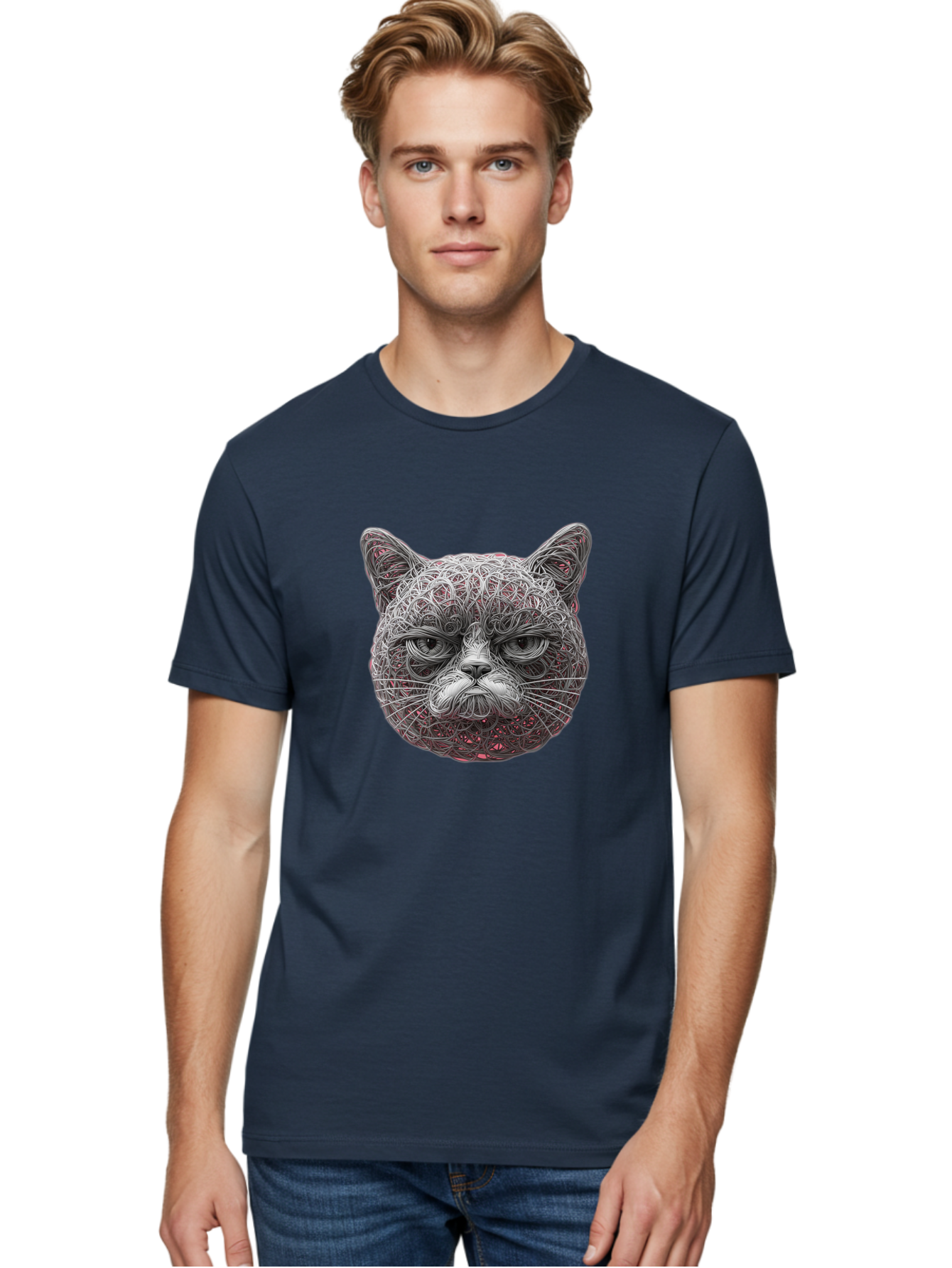 Cat-Face Men'S Graphic Tee, 100% Cotton, Comfortable Casual Summer Wear, Machine Washable, Detailed Cat Face, Intricate Line Art, Whimsical Feline Design, Bold Illustration, Expressive Cat Features, Abstract Cat Portrait, Swirling Patterns, Baa277