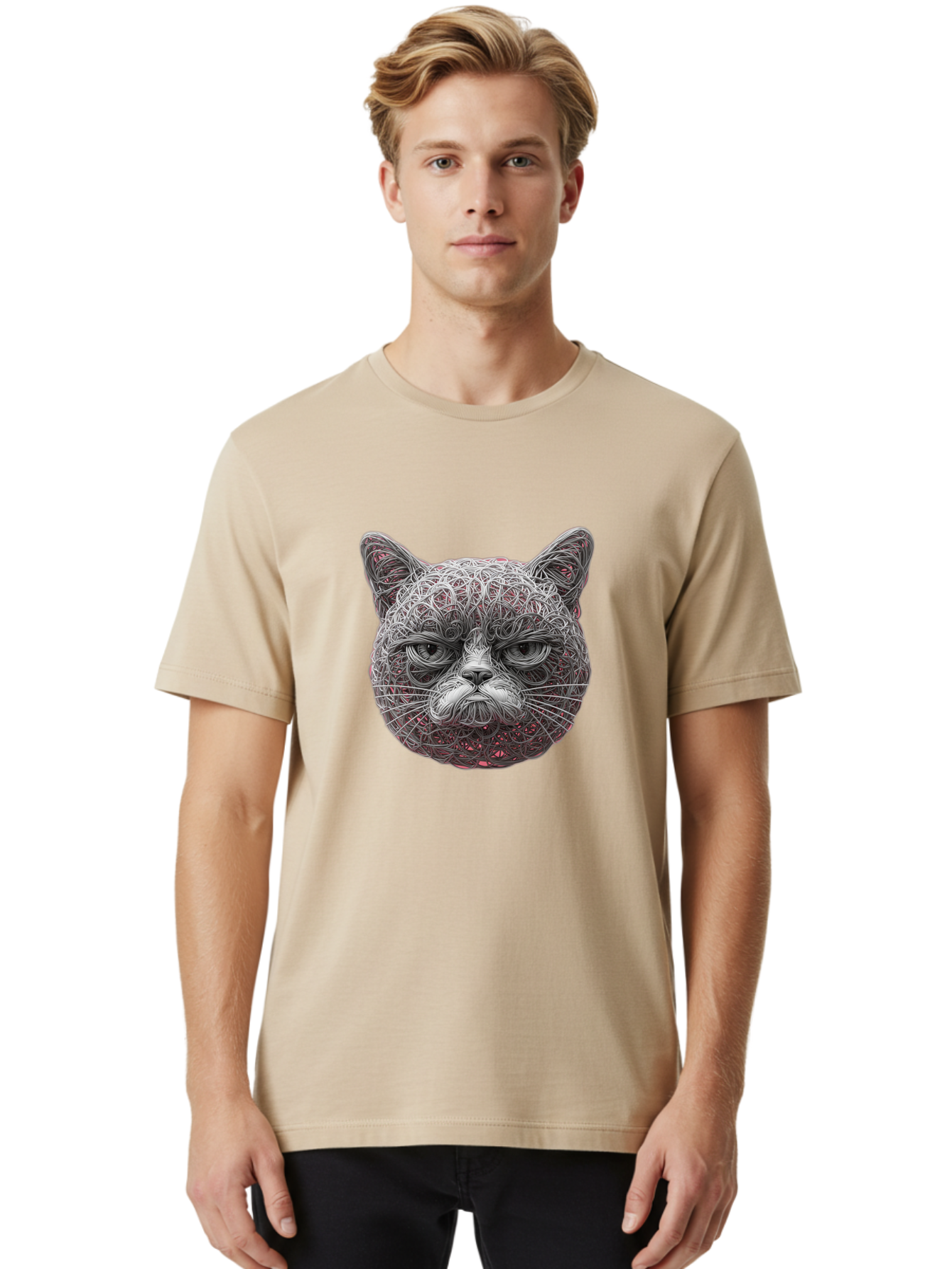 Cat-Face Men'S Graphic Tee, 100% Cotton, Comfortable Casual Summer Wear, Machine Washable, Detailed Cat Face, Intricate Line Art, Whimsical Feline Design, Bold Illustration, Expressive Cat Features, Abstract Cat Portrait, Swirling Patterns, Baa277