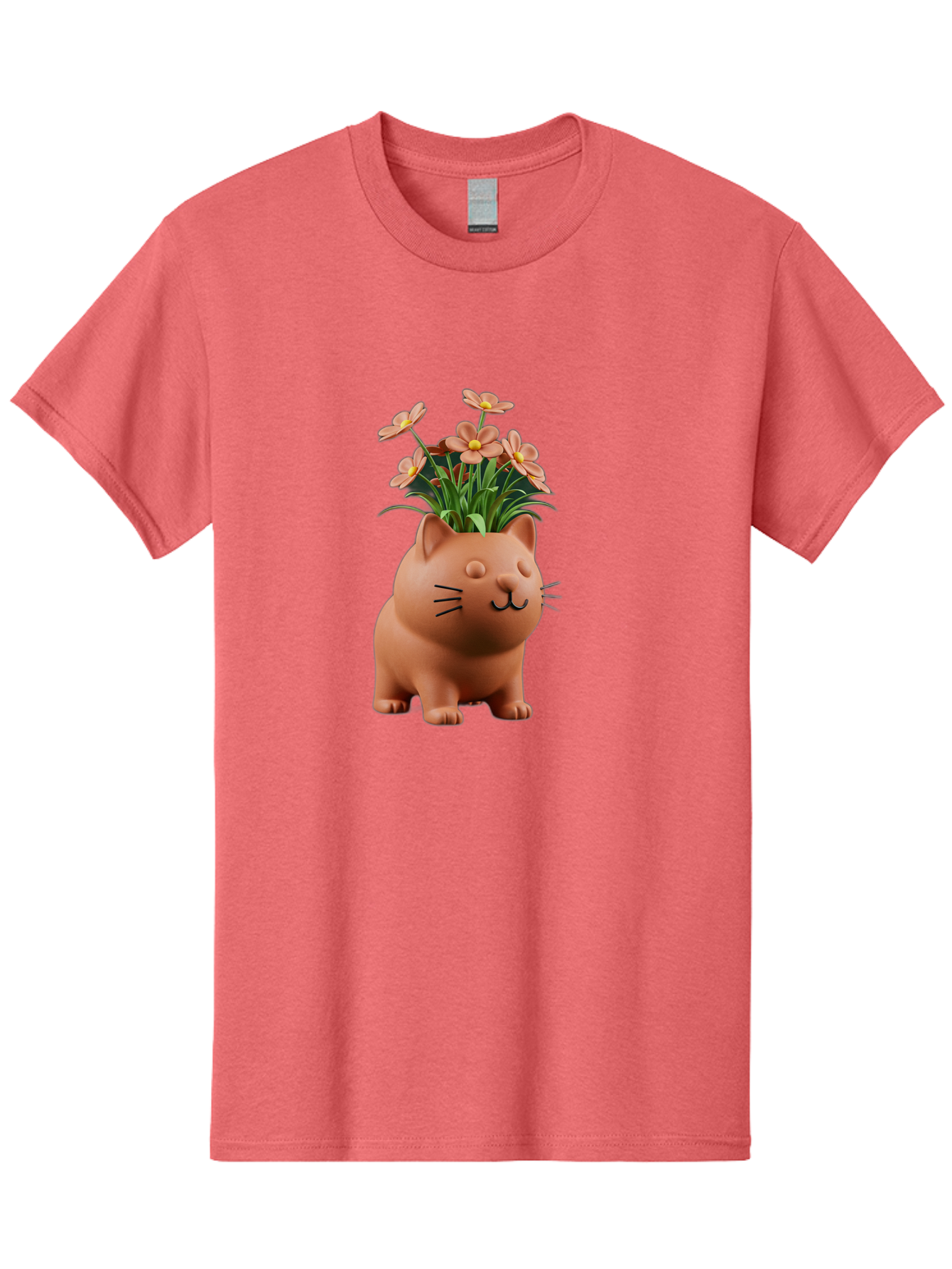 Cat-Planter Men'S Graphic Tee, 100% Cotton, Comfortable Casual Summer Wear, Machine Washable, Cat Planter, Flower Pot, Pink Flowers, Cute Cat Design, Home Decor, Garden Decor, Whimsical Planter, Adorable Cat Baa278