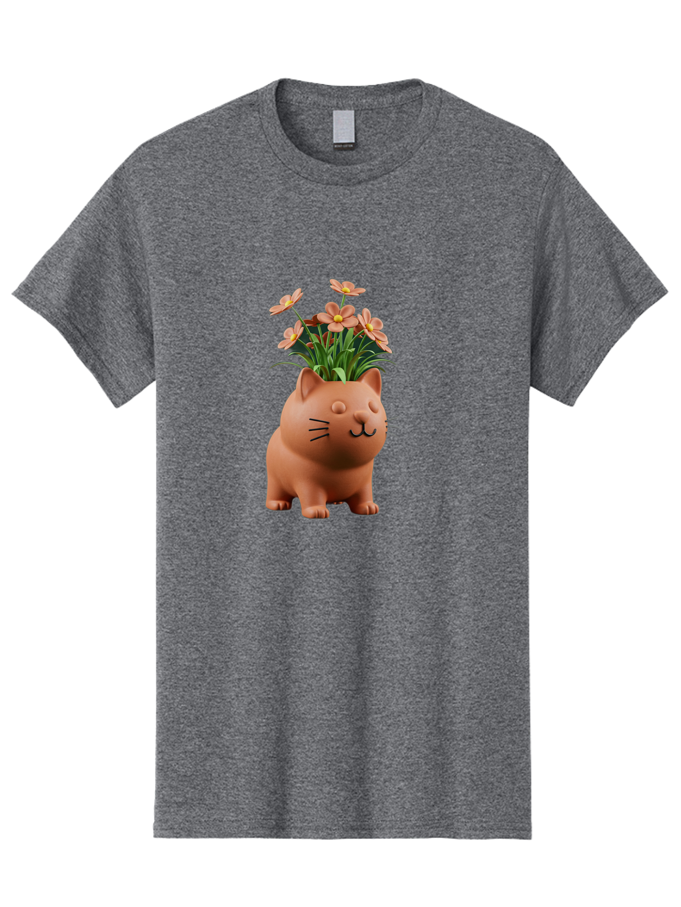 Cat-Planter Men'S Graphic Tee, 100% Cotton, Comfortable Casual Summer Wear, Machine Washable, Cat Planter, Flower Pot, Pink Flowers, Cute Cat Design, Home Decor, Garden Decor, Whimsical Planter, Adorable Cat Baa278
