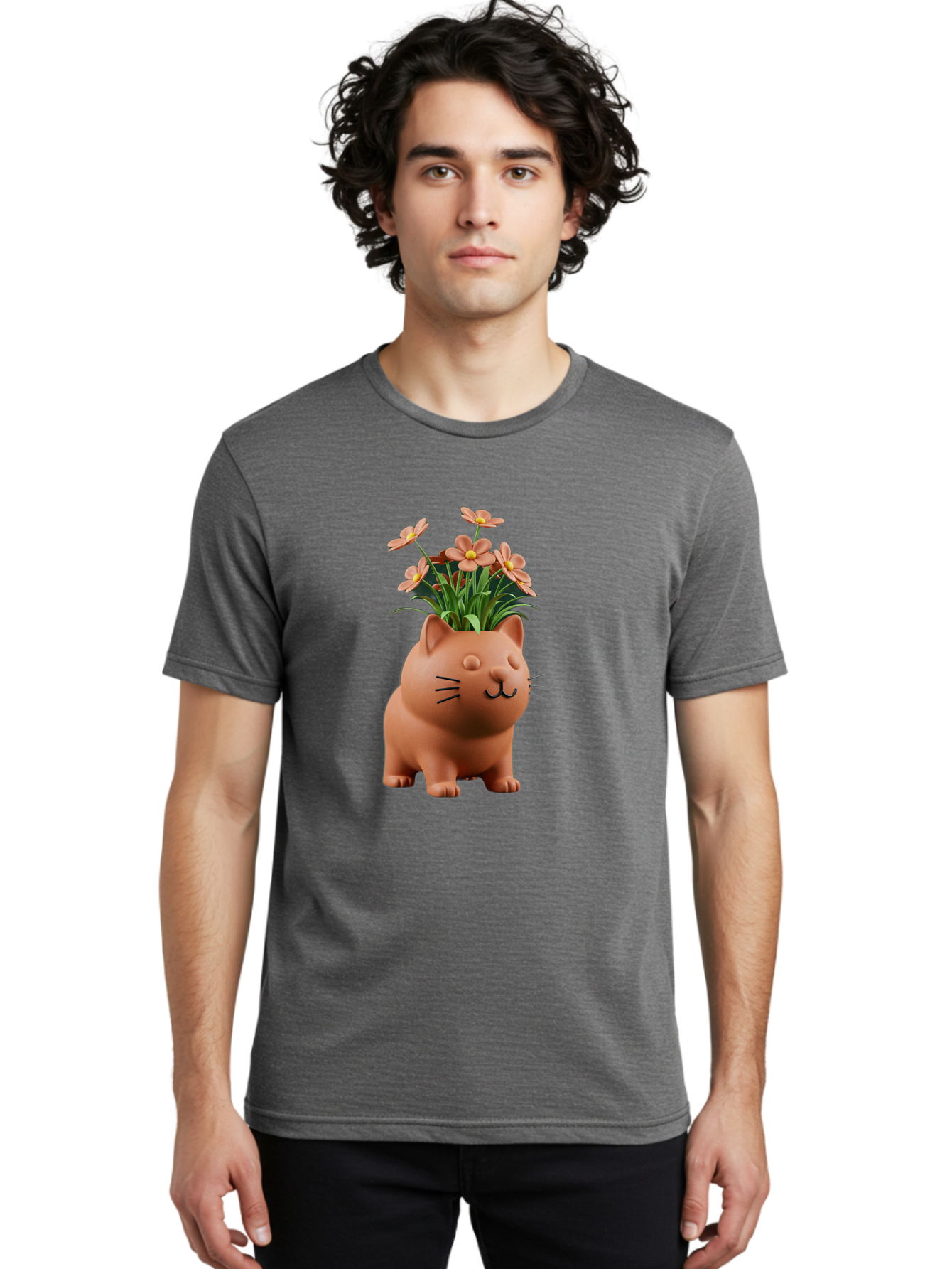 Cat-Planter Men'S Graphic Tee, 100% Cotton, Comfortable Casual Summer Wear, Machine Washable, Cat Planter, Flower Pot, Pink Flowers, Cute Cat Design, Home Decor, Garden Decor, Whimsical Planter, Adorable Cat Baa278