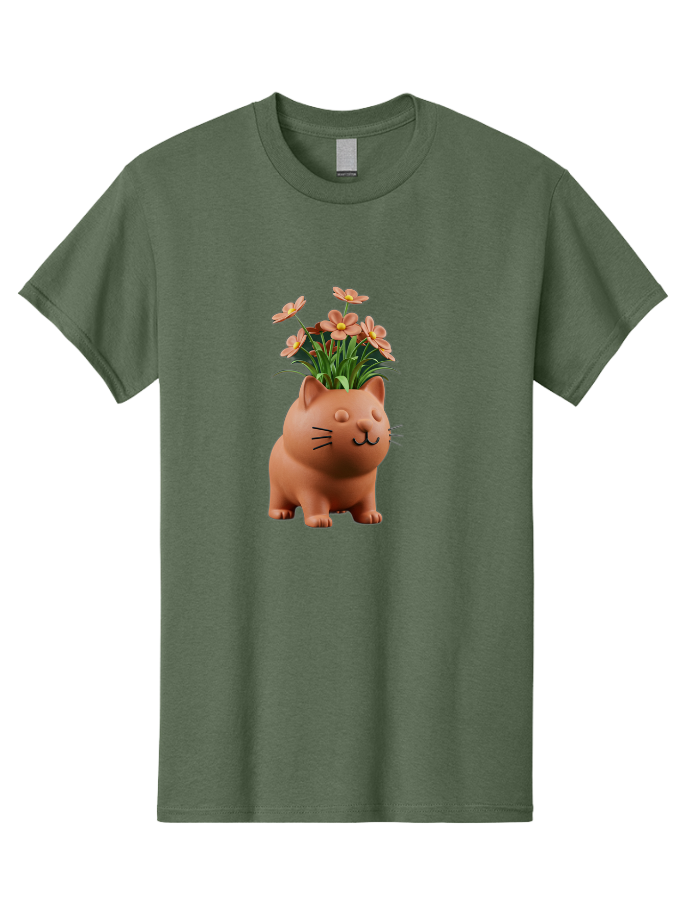 Cat-Planter Men'S Graphic Tee, 100% Cotton, Comfortable Casual Summer Wear, Machine Washable, Cat Planter, Flower Pot, Pink Flowers, Cute Cat Design, Home Decor, Garden Decor, Whimsical Planter, Adorable Cat Baa278