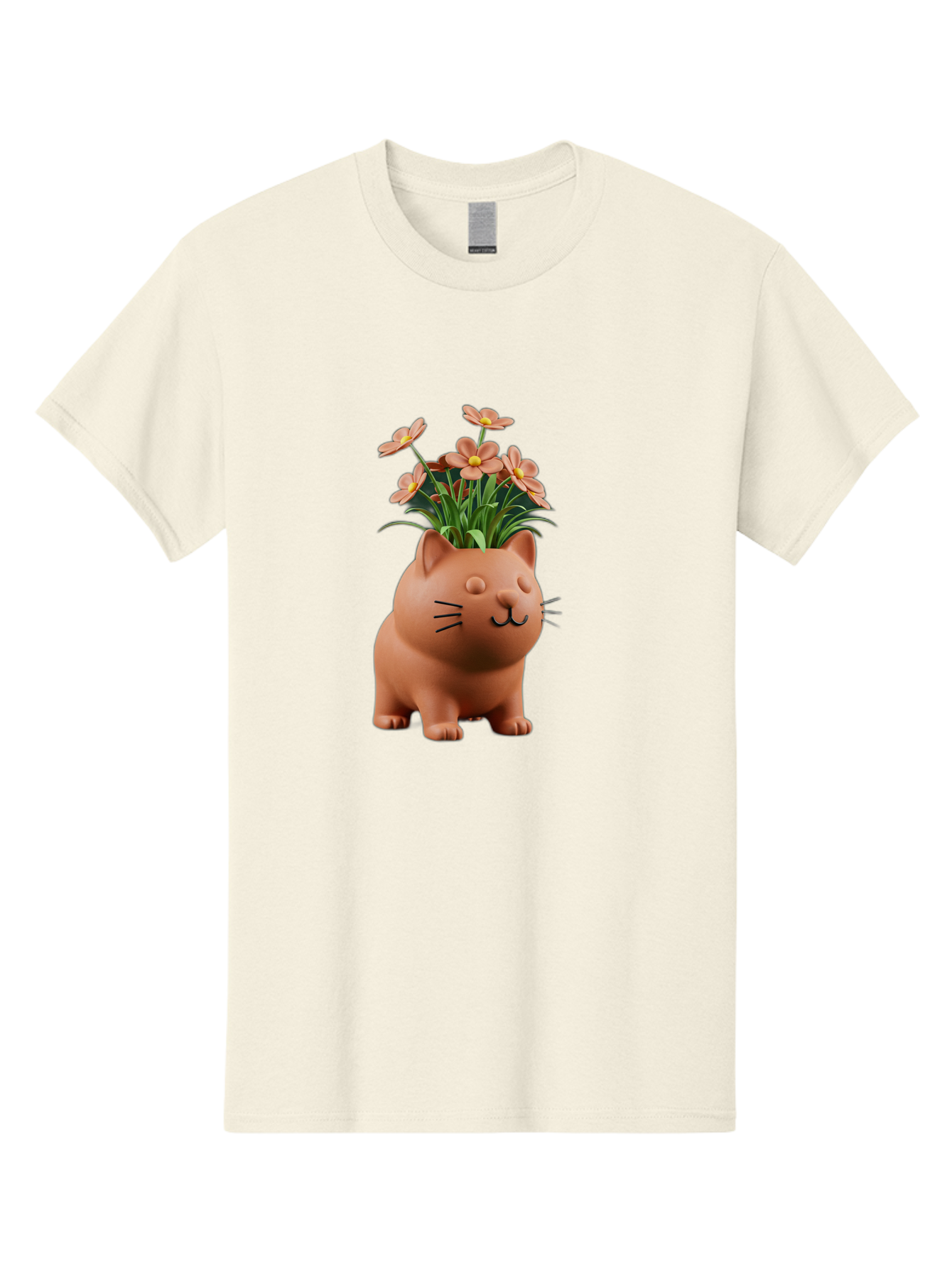 Cat-Planter Men'S Graphic Tee, 100% Cotton, Comfortable Casual Summer Wear, Machine Washable, Cat Planter, Flower Pot, Pink Flowers, Cute Cat Design, Home Decor, Garden Decor, Whimsical Planter, Adorable Cat Baa278