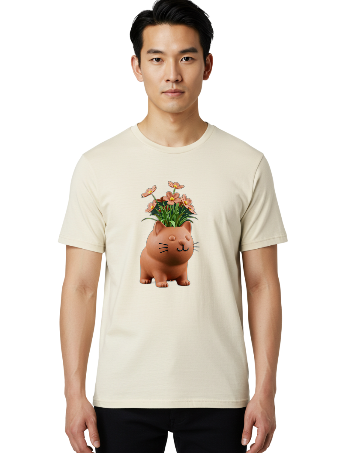 Cat-Planter Men'S Graphic Tee, 100% Cotton, Comfortable Casual Summer Wear, Machine Washable, Cat Planter, Flower Pot, Pink Flowers, Cute Cat Design, Home Decor, Garden Decor, Whimsical Planter, Adorable Cat Baa278