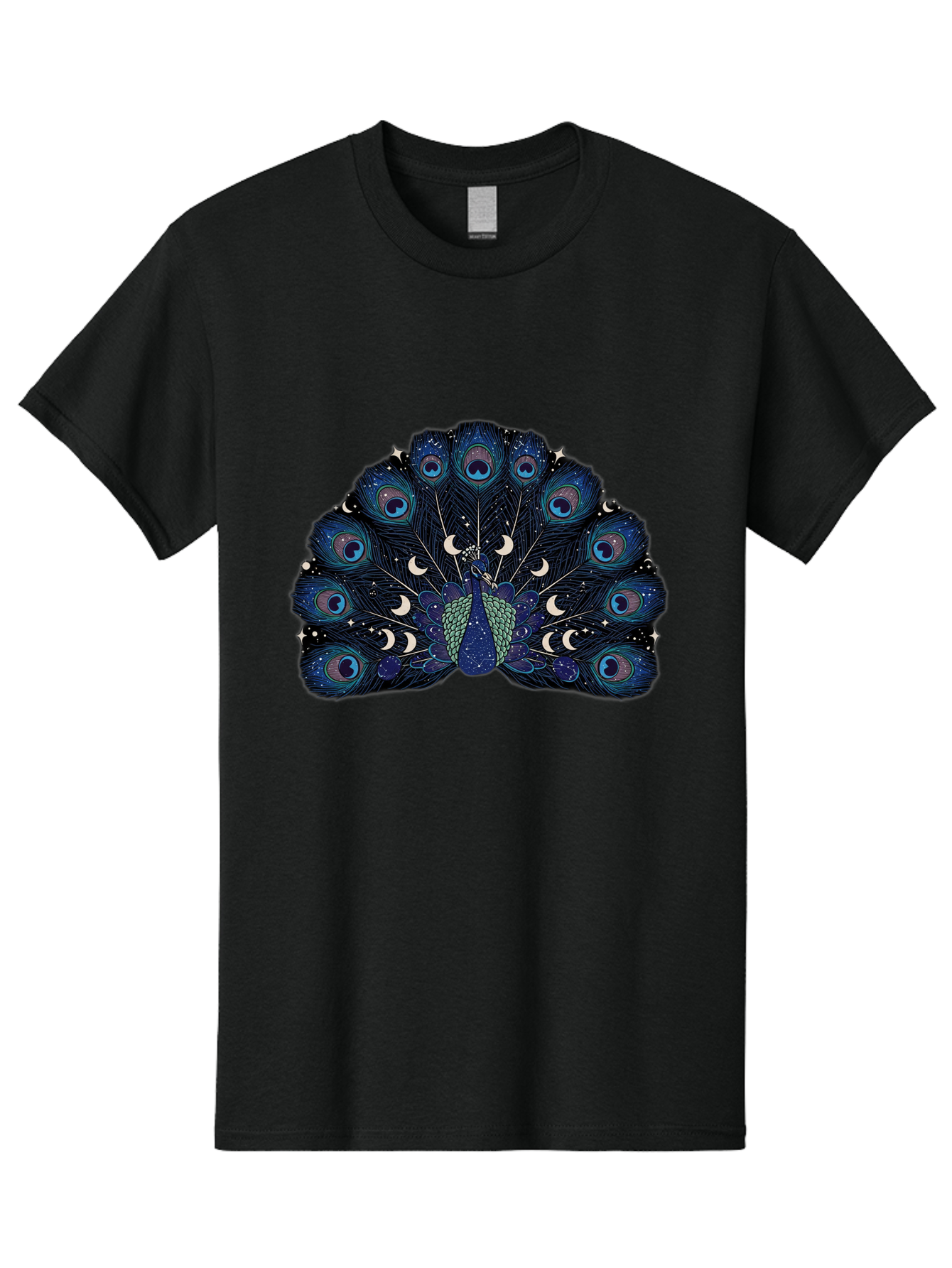 Celestial-Peacock Men'S Graphic Tee, 100% Cotton, Comfortable Casual Summer Wear, Machine Washable, Peacock, Moon Phases, Celestial, Night Sky, Stars, Crescent Moons, Blue Feathers, Eye-Catching, Vibrant, Lunar Cycle, Mystical, Night, Magic Baa280