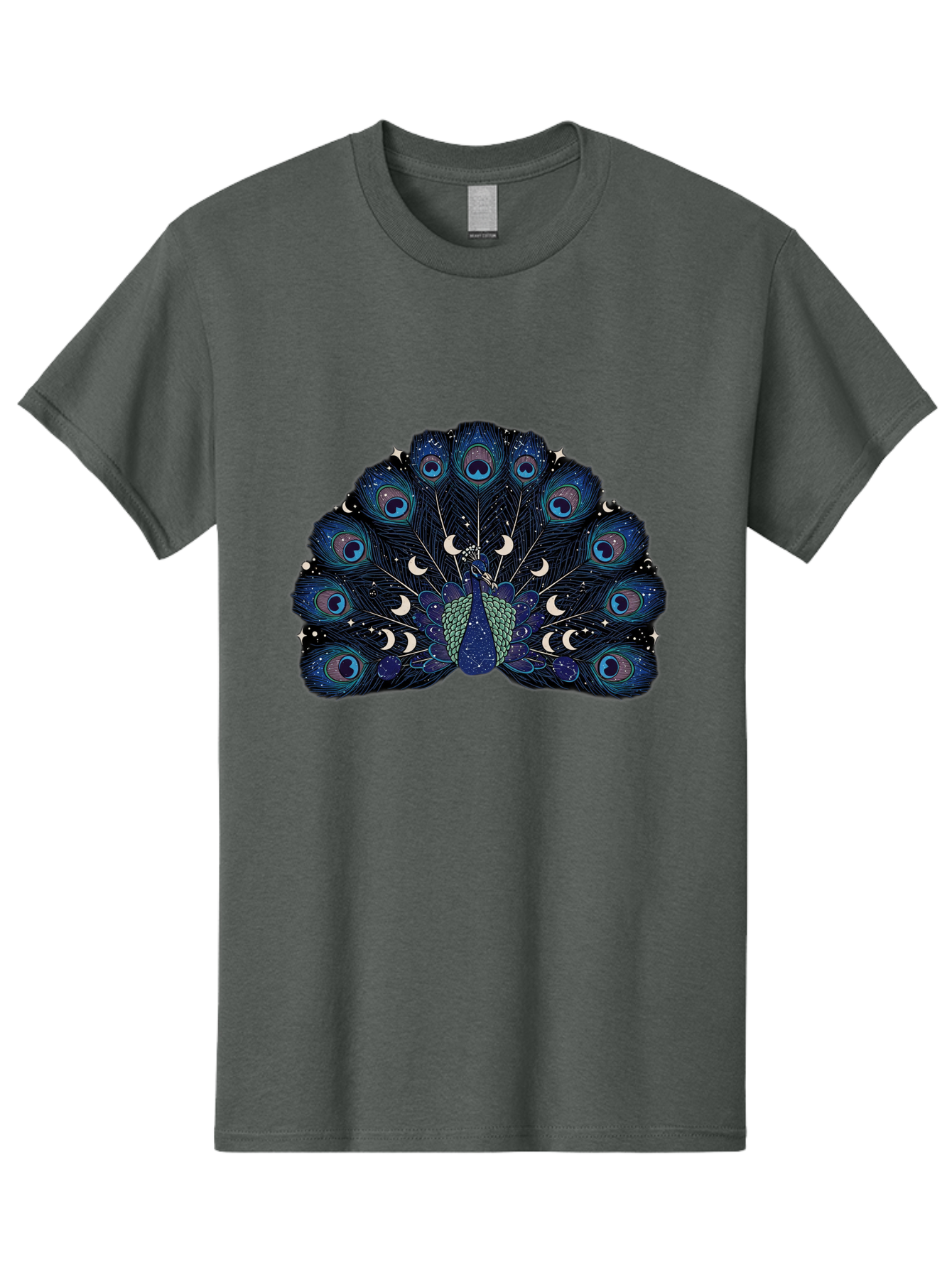 Celestial-Peacock Men'S Graphic Tee, 100% Cotton, Comfortable Casual Summer Wear, Machine Washable, Peacock, Moon Phases, Celestial, Night Sky, Stars, Crescent Moons, Blue Feathers, Eye-Catching, Vibrant, Lunar Cycle, Mystical, Night, Magic Baa280
