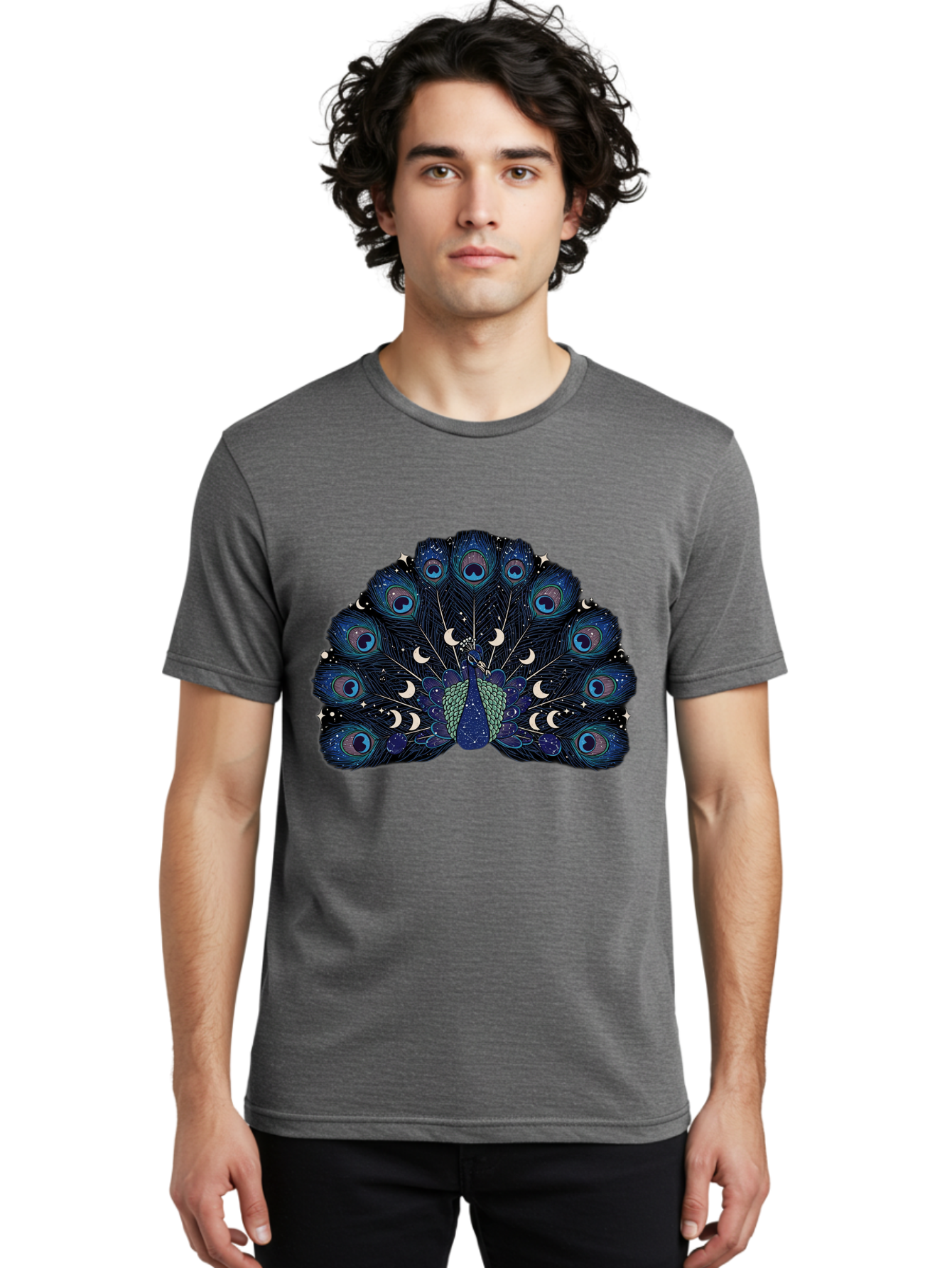 Celestial-Peacock Men'S Graphic Tee, 100% Cotton, Comfortable Casual Summer Wear, Machine Washable, Peacock, Moon Phases, Celestial, Night Sky, Stars, Crescent Moons, Blue Feathers, Eye-Catching, Vibrant, Lunar Cycle, Mystical, Night, Magic Baa280