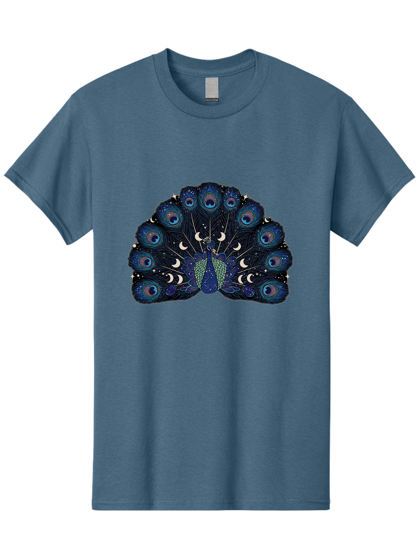 Celestial-Peacock Men'S Graphic Tee, 100% Cotton, Comfortable Casual Summer Wear, Machine Washable, Peacock, Moon Phases, Celestial, Night Sky, Stars, Crescent Moons, Blue Feathers, Eye-Catching, Vibrant, Lunar Cycle, Mystical, Night, Magic Baa280