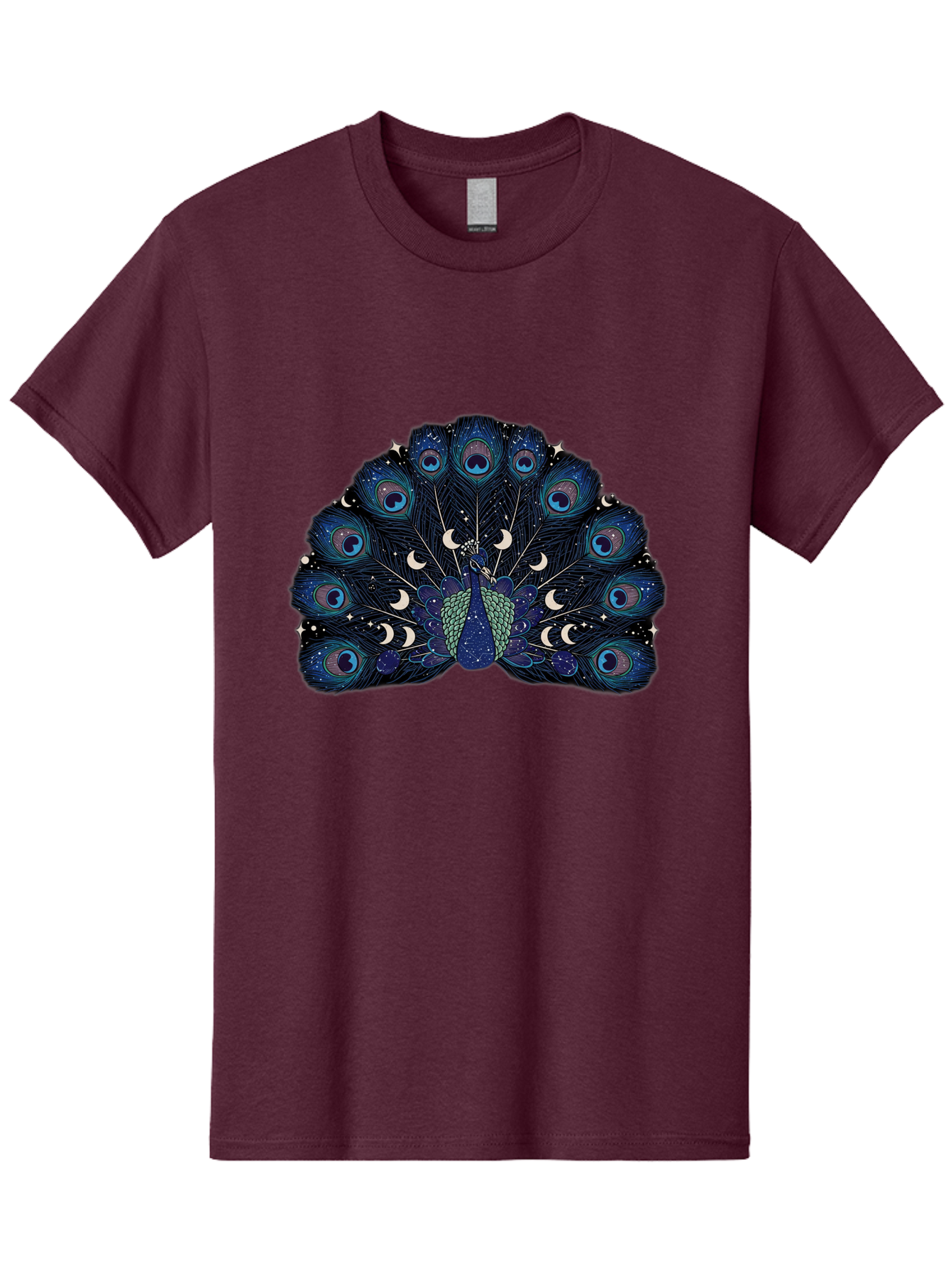 Celestial-Peacock Men'S Graphic Tee, 100% Cotton, Comfortable Casual Summer Wear, Machine Washable, Peacock, Moon Phases, Celestial, Night Sky, Stars, Crescent Moons, Blue Feathers, Eye-Catching, Vibrant, Lunar Cycle, Mystical, Night, Magic Baa280