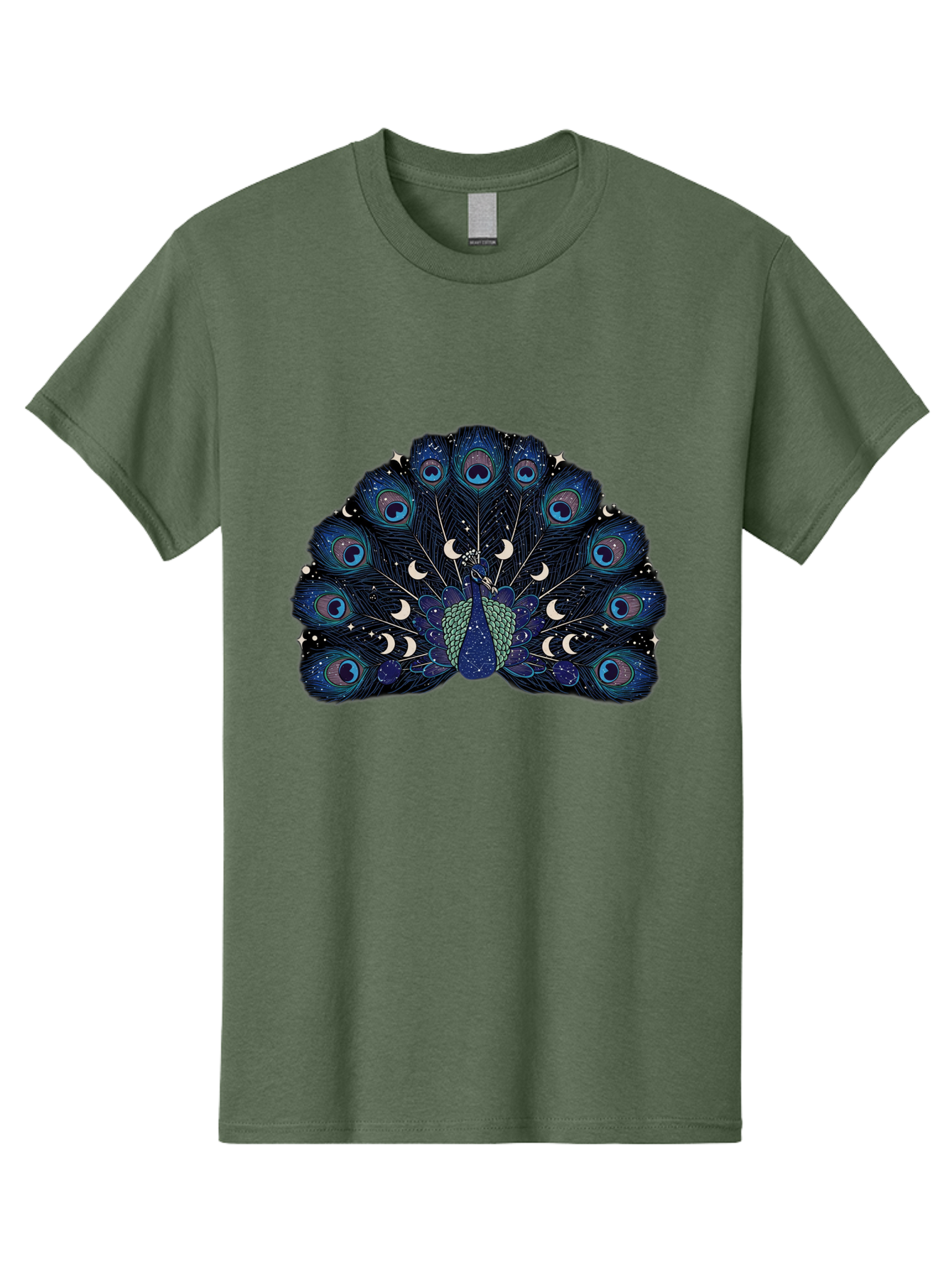 Celestial-Peacock Men'S Graphic Tee, 100% Cotton, Comfortable Casual Summer Wear, Machine Washable, Peacock, Moon Phases, Celestial, Night Sky, Stars, Crescent Moons, Blue Feathers, Eye-Catching, Vibrant, Lunar Cycle, Mystical, Night, Magic Baa280