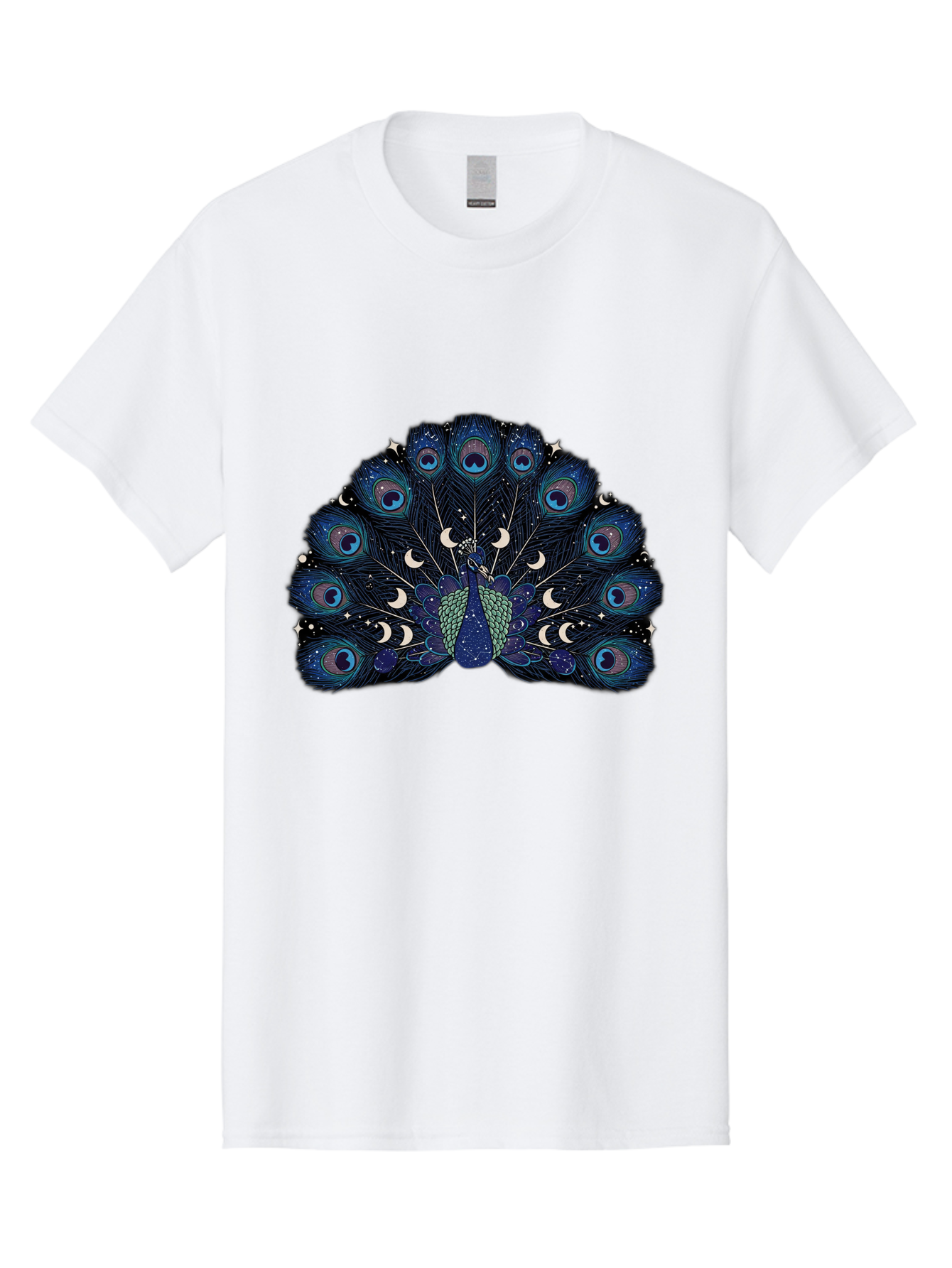 Celestial-Peacock Men'S Graphic Tee, 100% Cotton, Comfortable Casual Summer Wear, Machine Washable, Peacock, Moon Phases, Celestial, Night Sky, Stars, Crescent Moons, Blue Feathers, Eye-Catching, Vibrant, Lunar Cycle, Mystical, Night, Magic Baa280