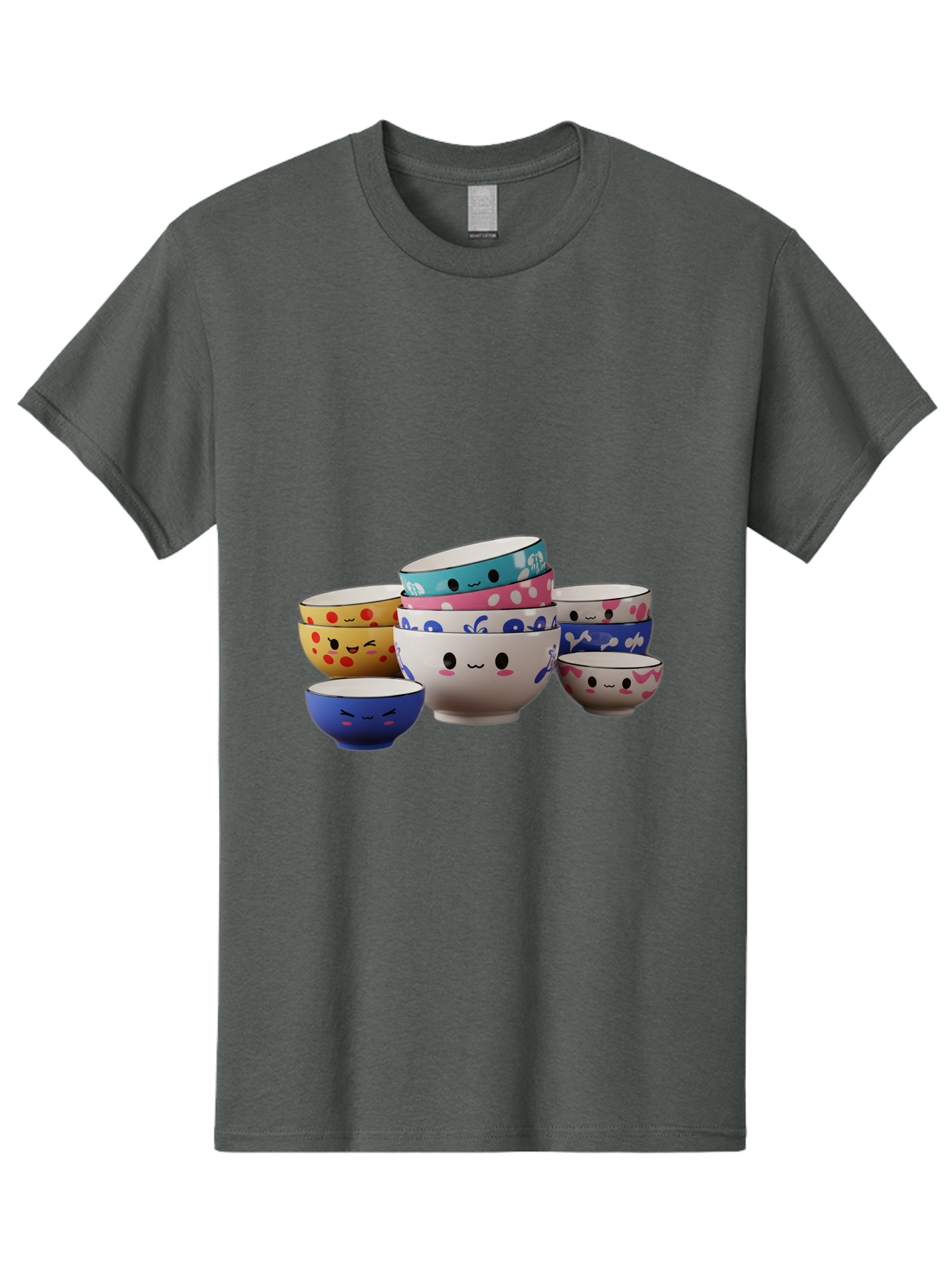 Cereal-Bowls Men'S Graphic Tee, 100% Cotton, Comfortable Casual Summer Wear, Machine Washable, Stacked Ceramic Bowls, Colorful Designs, Fun Patterns, Emotive Faces, Playful Tableware, Kawaii Style, Adorable Kitchenware, Vibrant Colors, Baa281