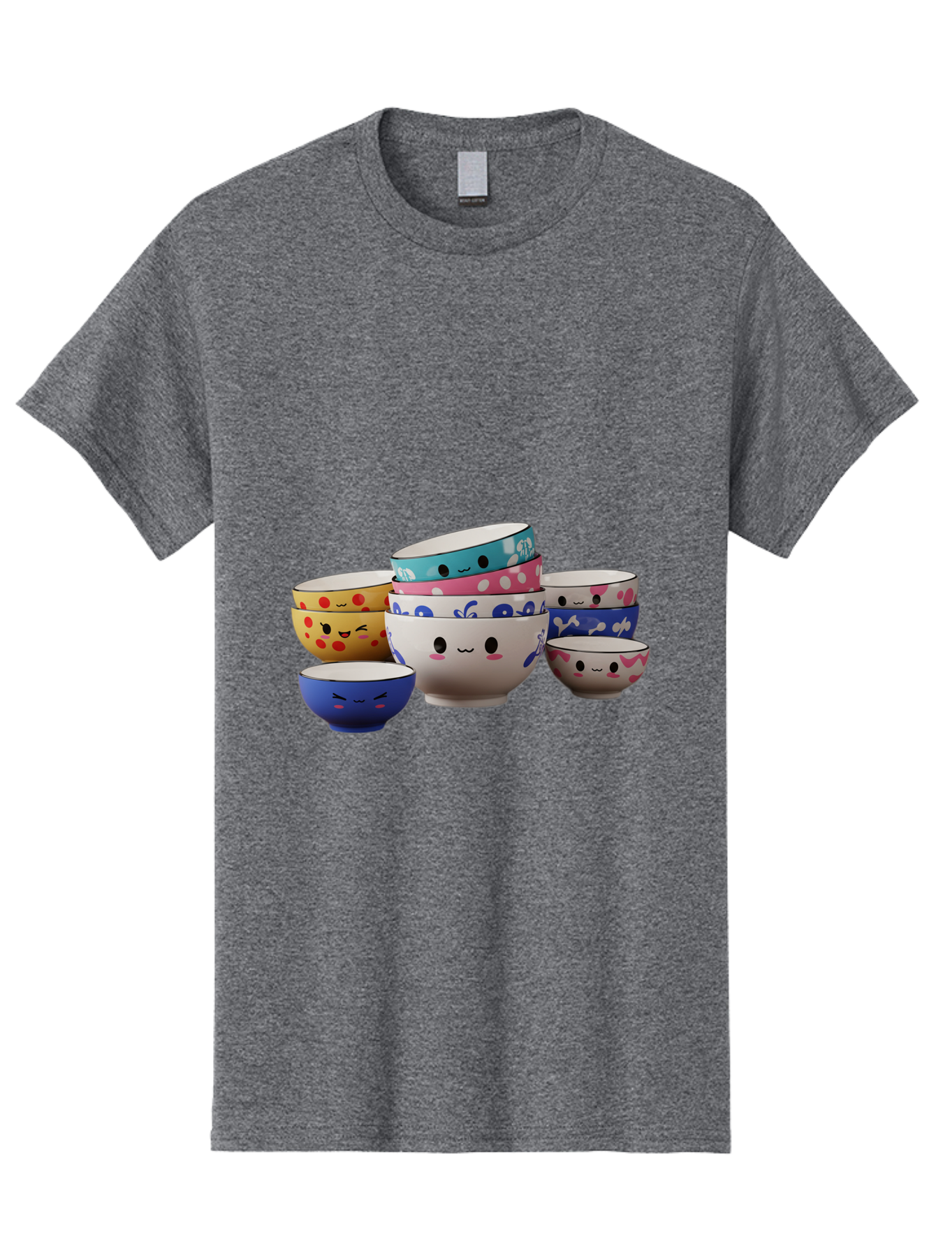Cereal-Bowls Men'S Graphic Tee, 100% Cotton, Comfortable Casual Summer Wear, Machine Washable, Stacked Ceramic Bowls, Colorful Designs, Fun Patterns, Emotive Faces, Playful Tableware, Kawaii Style, Adorable Kitchenware, Vibrant Colors, Baa281