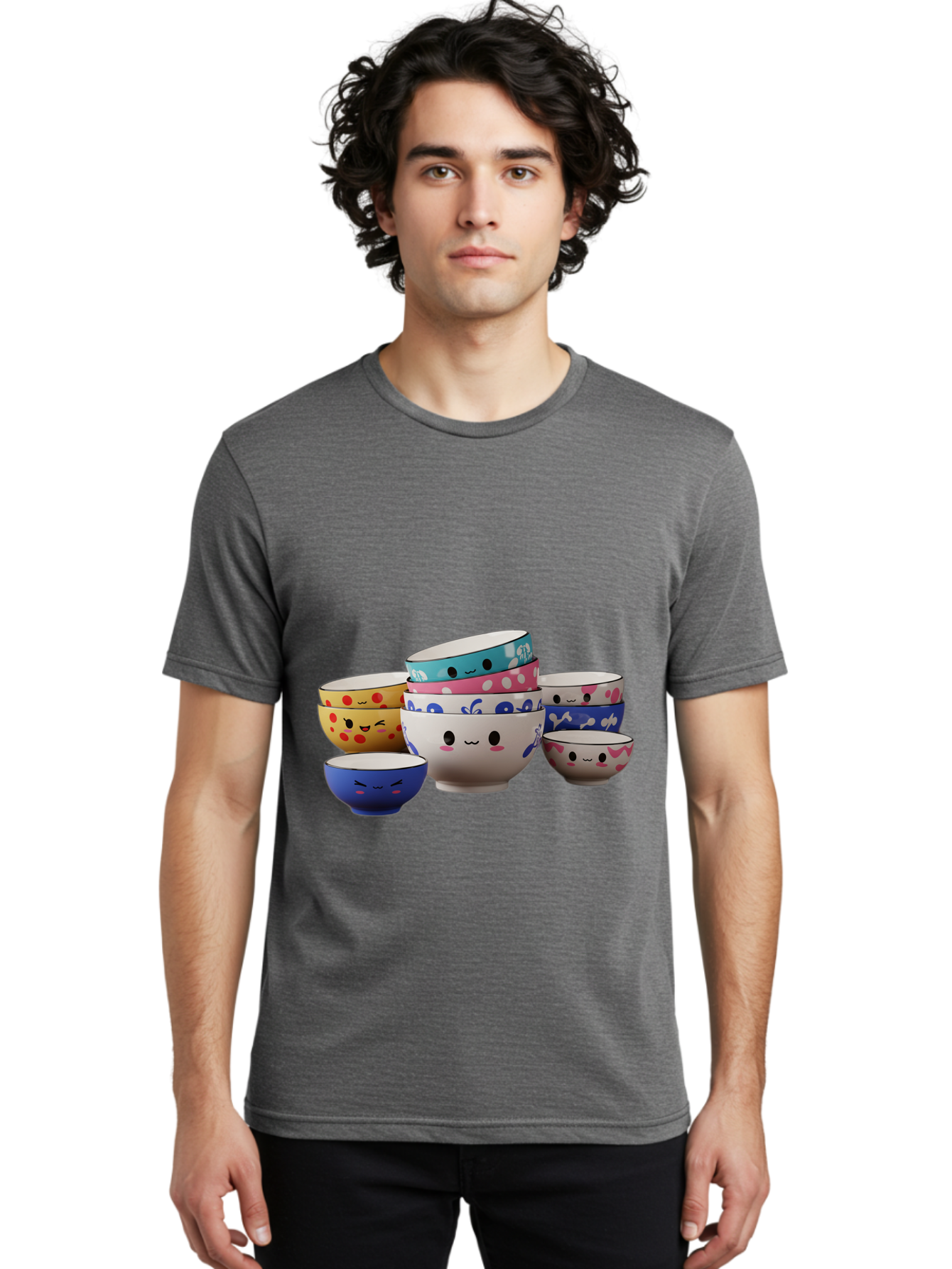 Cereal-Bowls Men'S Graphic Tee, 100% Cotton, Comfortable Casual Summer Wear, Machine Washable, Stacked Ceramic Bowls, Colorful Designs, Fun Patterns, Emotive Faces, Playful Tableware, Kawaii Style, Adorable Kitchenware, Vibrant Colors, Baa281