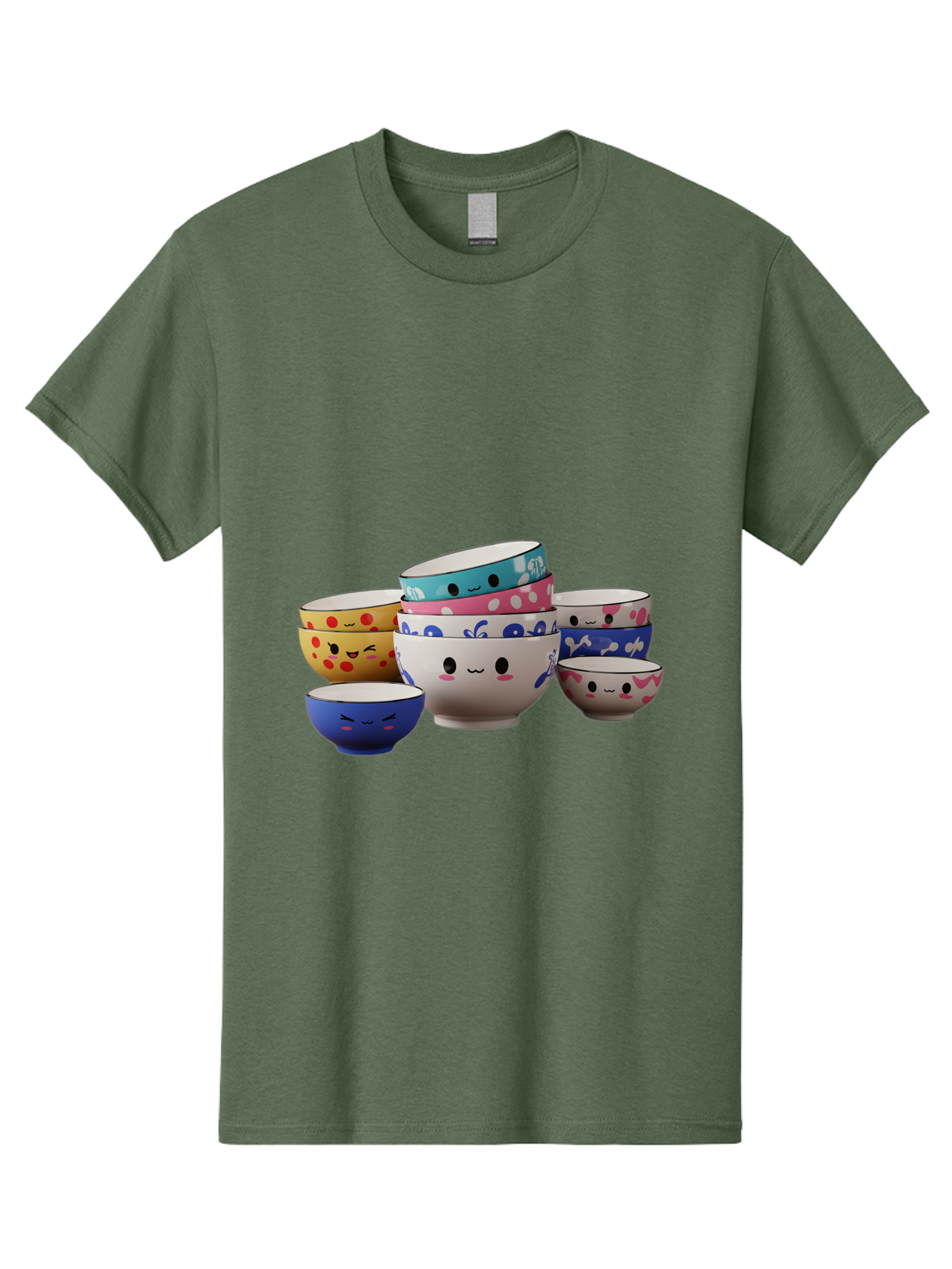 Cereal-Bowls Men'S Graphic Tee, 100% Cotton, Comfortable Casual Summer Wear, Machine Washable, Stacked Ceramic Bowls, Colorful Designs, Fun Patterns, Emotive Faces, Playful Tableware, Kawaii Style, Adorable Kitchenware, Vibrant Colors, Baa281