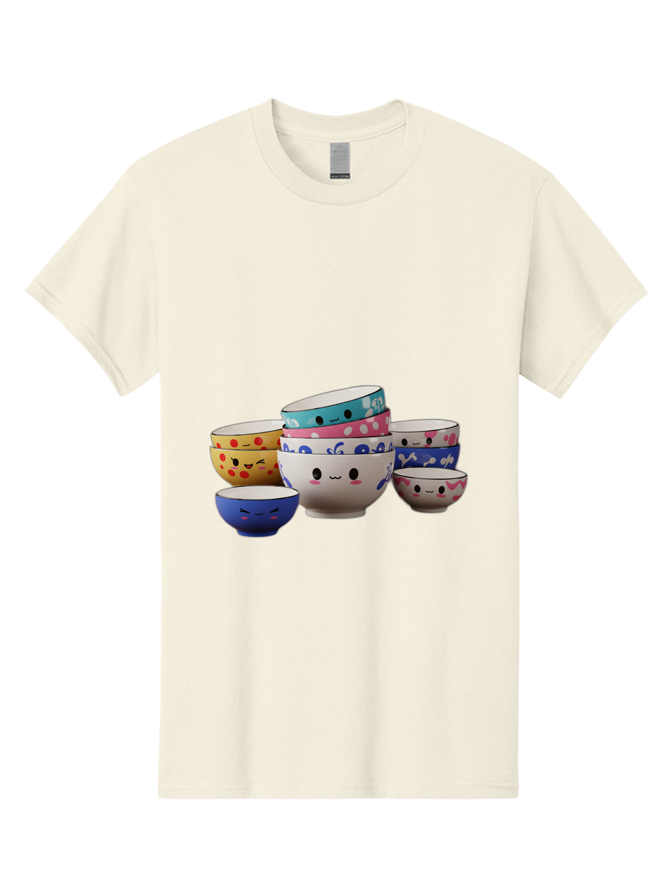 Cereal-Bowls Men'S Graphic Tee, 100% Cotton, Comfortable Casual Summer Wear, Machine Washable, Stacked Ceramic Bowls, Colorful Designs, Fun Patterns, Emotive Faces, Playful Tableware, Kawaii Style, Adorable Kitchenware, Vibrant Colors, Baa281