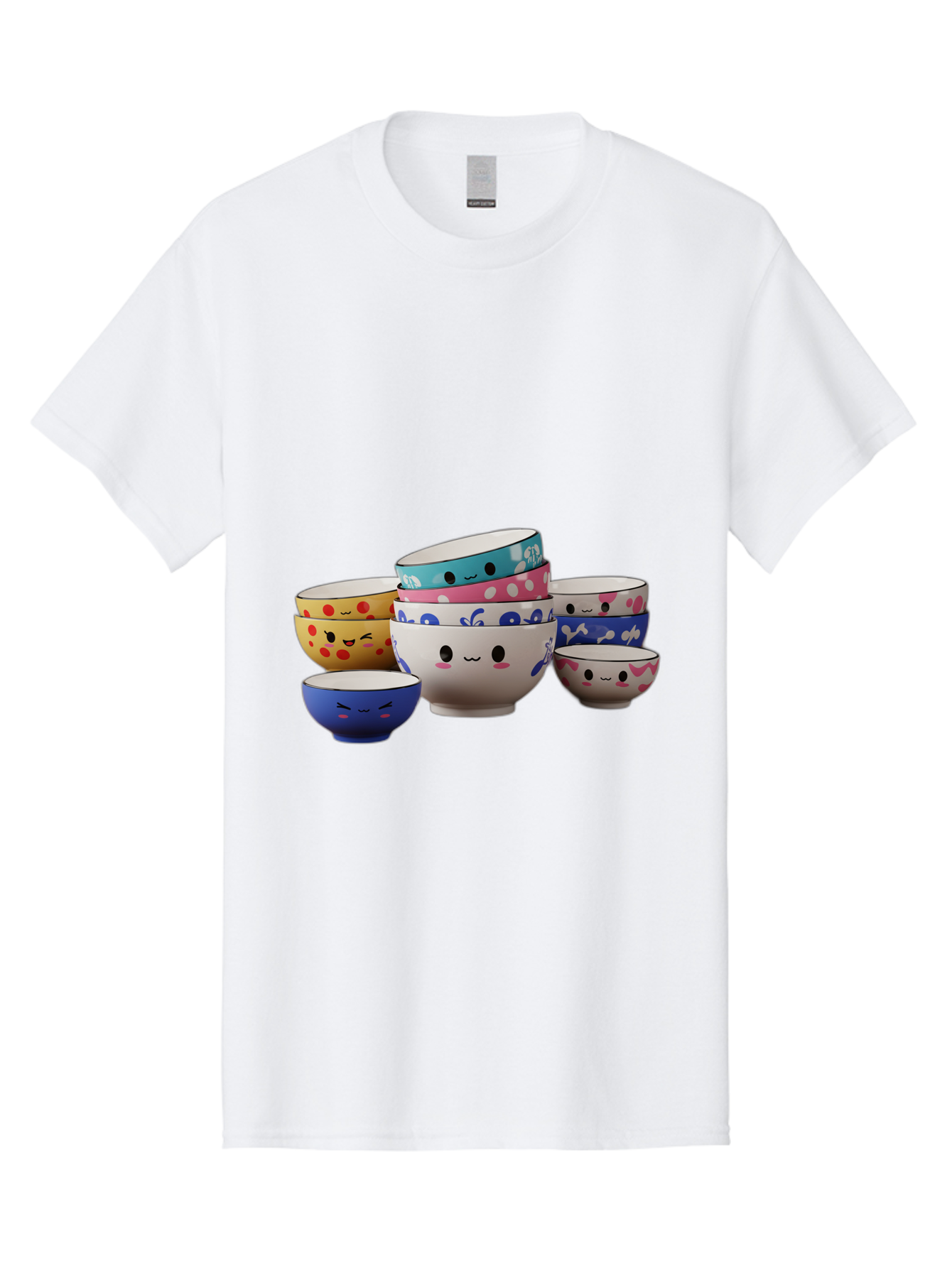 Cereal-Bowls Men'S Graphic Tee, 100% Cotton, Comfortable Casual Summer Wear, Machine Washable, Stacked Ceramic Bowls, Colorful Designs, Fun Patterns, Emotive Faces, Playful Tableware, Kawaii Style, Adorable Kitchenware, Vibrant Colors, Baa281