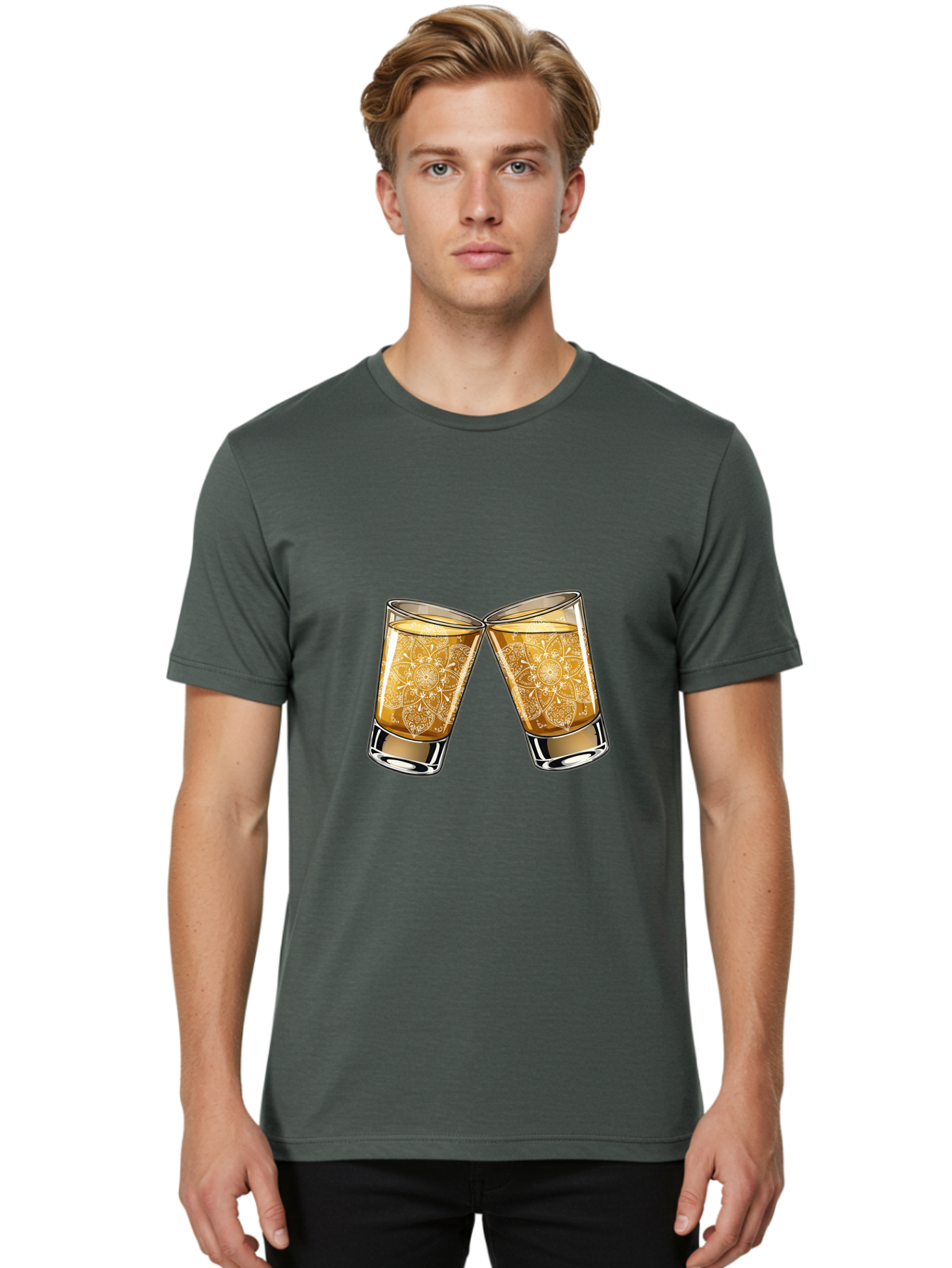 Cheers-4 Men'S Graphic Tee, 100% Cotton, Comfortable Casual Summer Wear, Machine Washable, Whiskey Glasses, Shot Glasses, Cheers Toast, Celebration Drink, Spirits, Luxury Glassware, Ornate Design, Festive Atmosphere, Party, Drink Together Baa286