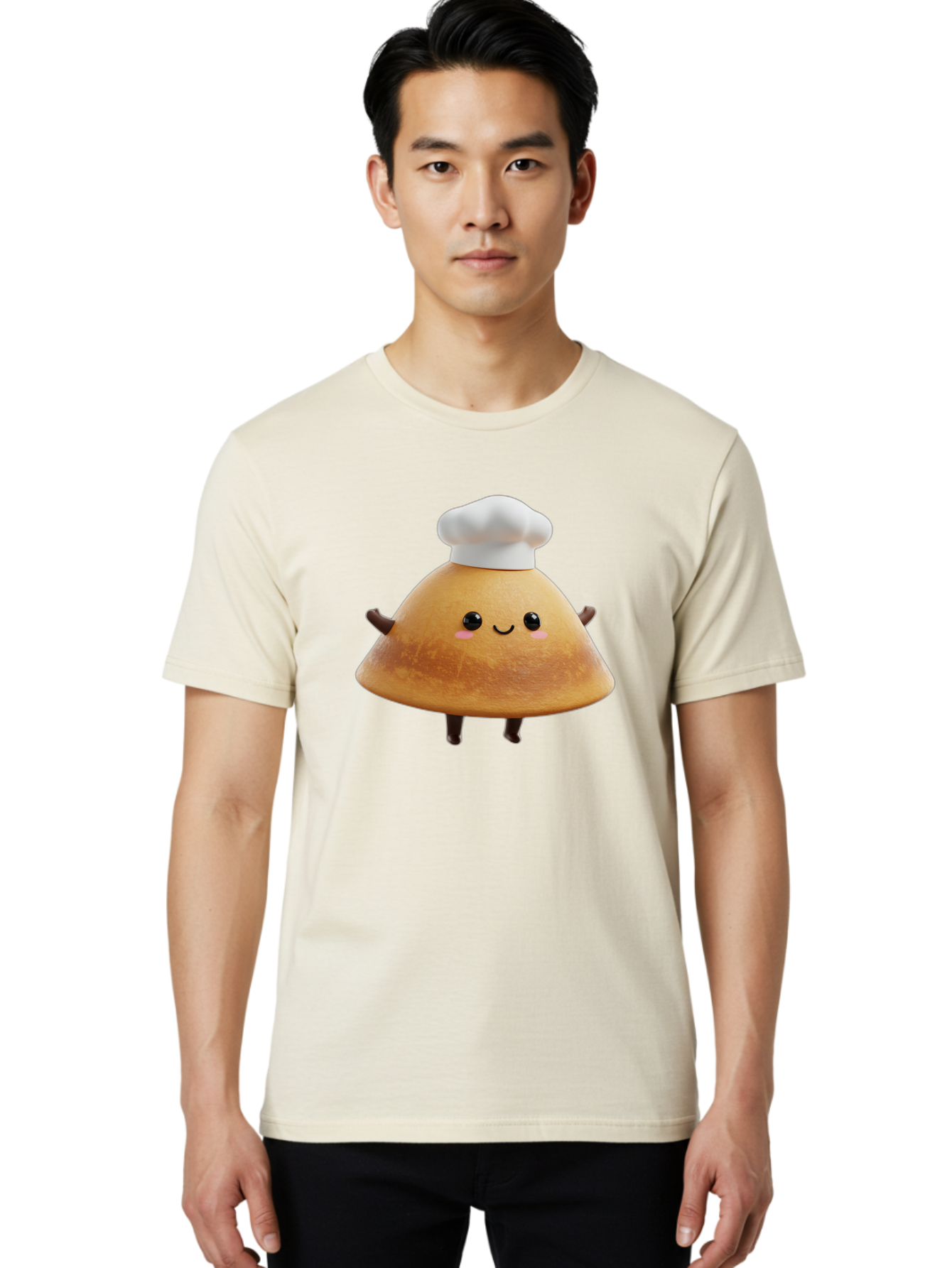 Chef-Hat-Mushroom Men'S Graphic Tee, 100% Cotton, Comfortable Casual Summer Wear, Machine Washable, Croissant Character, Chef Hat, Happy Face, Pink Blush, Smiling Mouth, Cute Pastry, Bakery Illustration, Cartoon Food, Animated Treat, Baa290