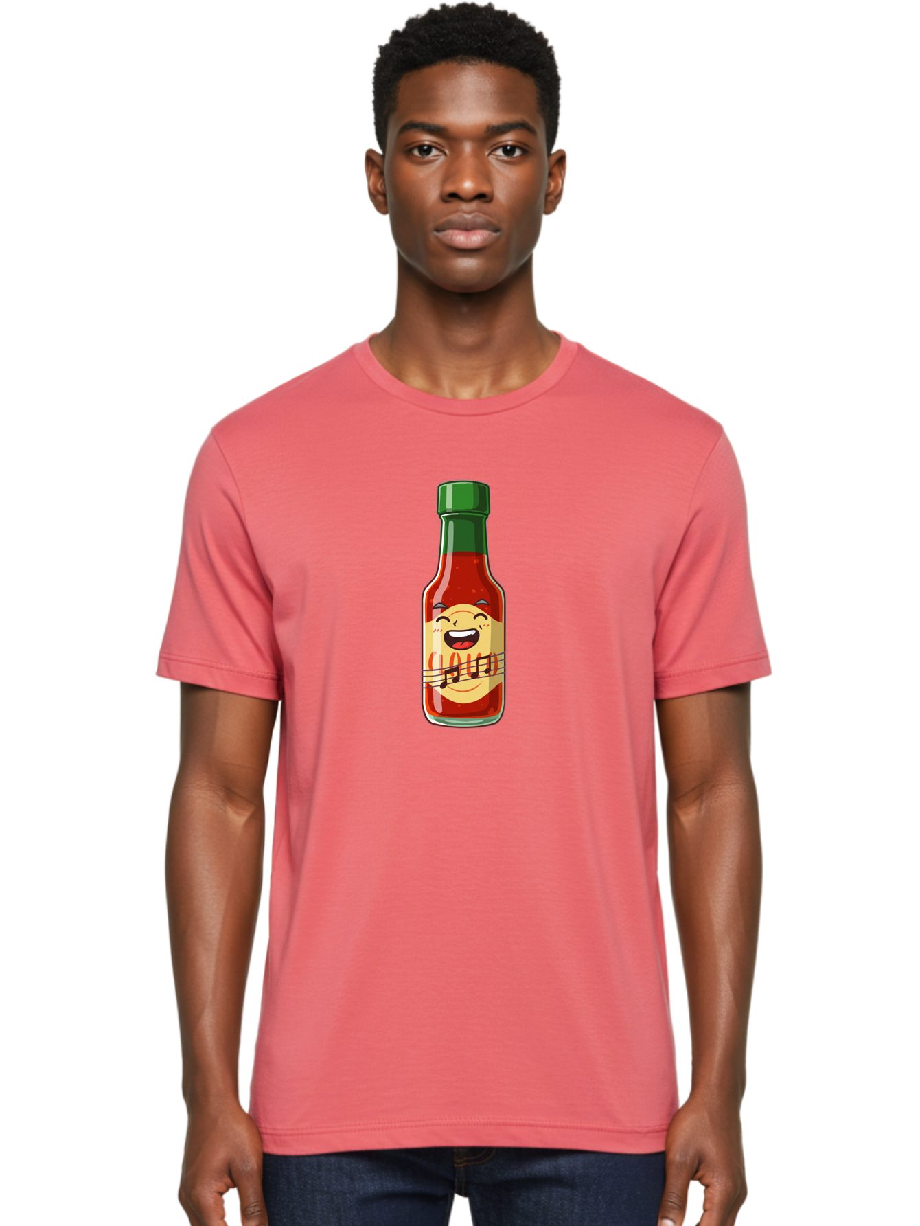 Chili-Sauce-Bottle Men'S Graphic Tee, 100% Cotton, Comfortable Casual Summer Wear, Machine Washable, Hot Sauce Bottle, Spicy Condiment, Cartoon Character, Laughing Face, Tabasco Sauce, Flavorful Food, Hot Pepper Sauce, Culinary Delight Baa292