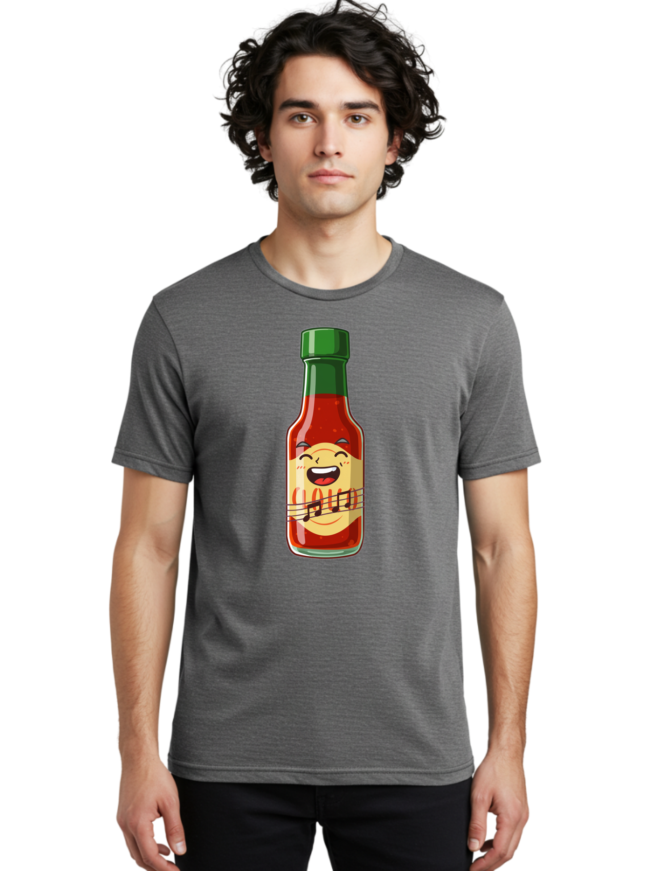 Chili-Sauce-Bottle Men'S Graphic Tee, 100% Cotton, Comfortable Casual Summer Wear, Machine Washable, Hot Sauce Bottle, Spicy Condiment, Cartoon Character, Laughing Face, Tabasco Sauce, Flavorful Food, Hot Pepper Sauce, Culinary Delight Baa292