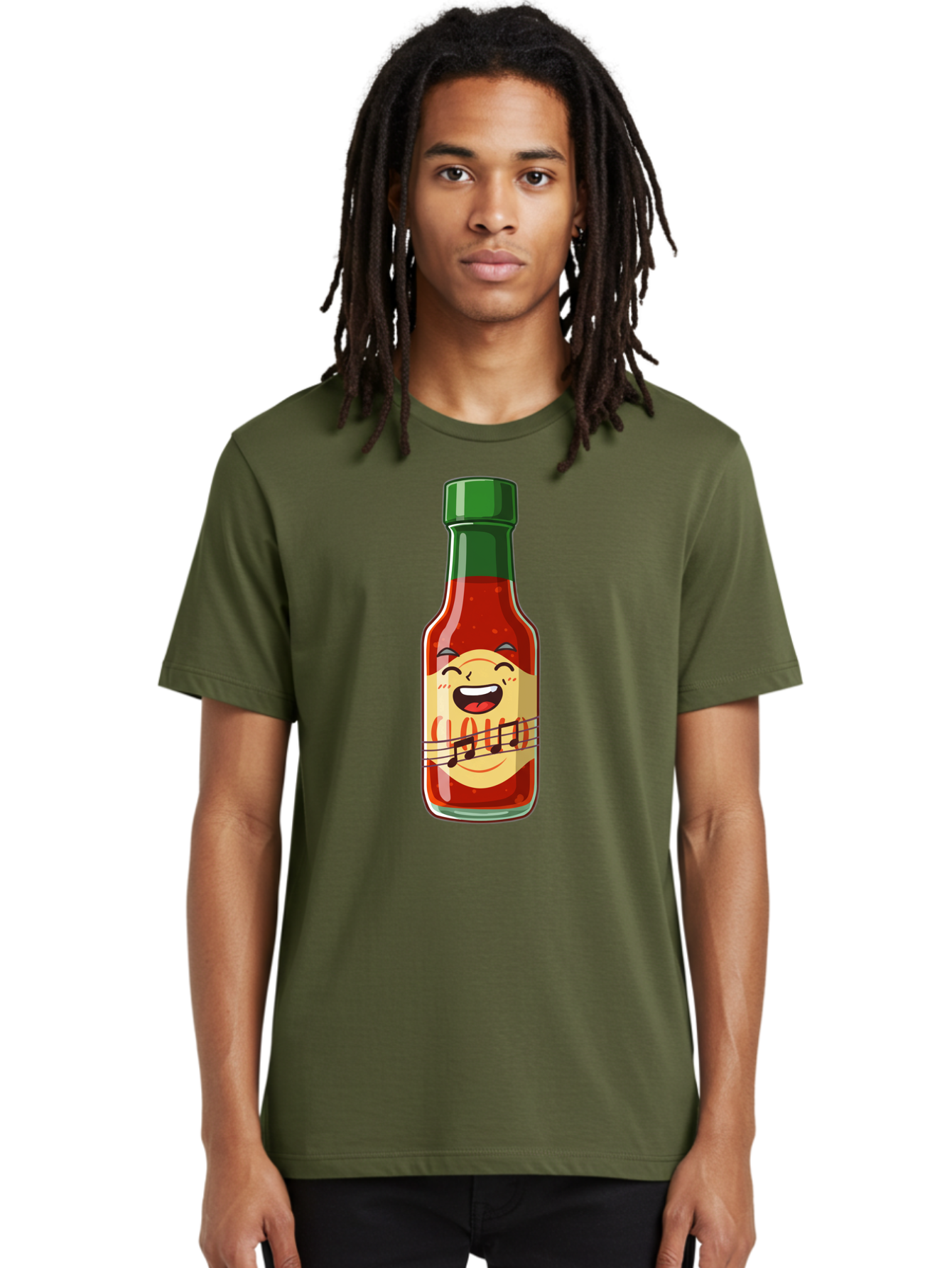 Chili-Sauce-Bottle Men'S Graphic Tee, 100% Cotton, Comfortable Casual Summer Wear, Machine Washable, Hot Sauce Bottle, Spicy Condiment, Cartoon Character, Laughing Face, Tabasco Sauce, Flavorful Food, Hot Pepper Sauce, Culinary Delight Baa292