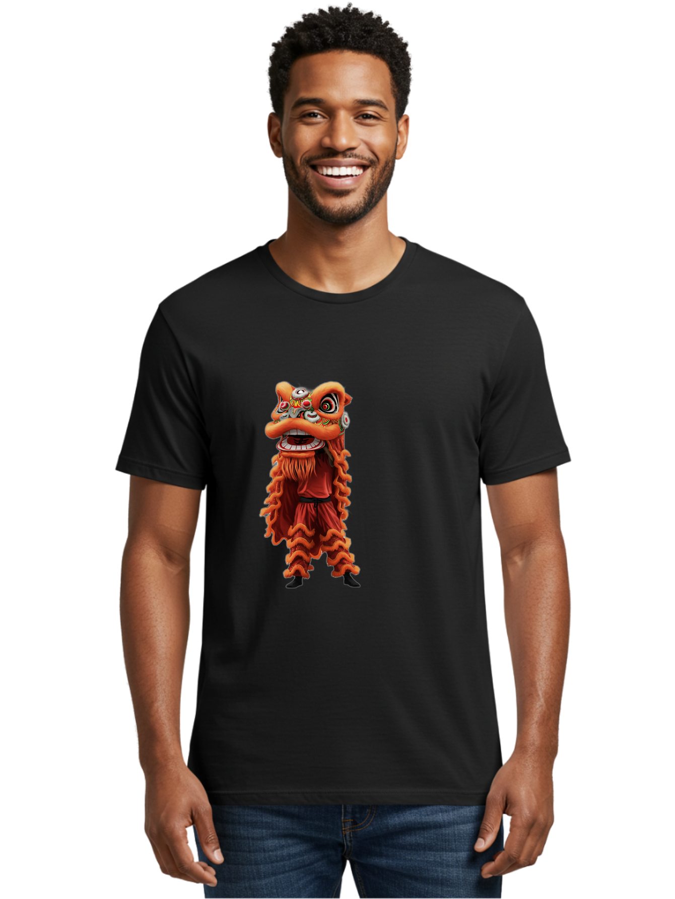 Chinese-Lion-Dance-Costume Men'S Graphic Tee, 100% Cotton, Comfortable Casual Summer Wear, Machine Washable, Chinese Lion Dance, Traditional Costume, Cultural Heritage, Mythical Creature, Vibrant Colors, Lively Performance, Intricate Design, Baa294