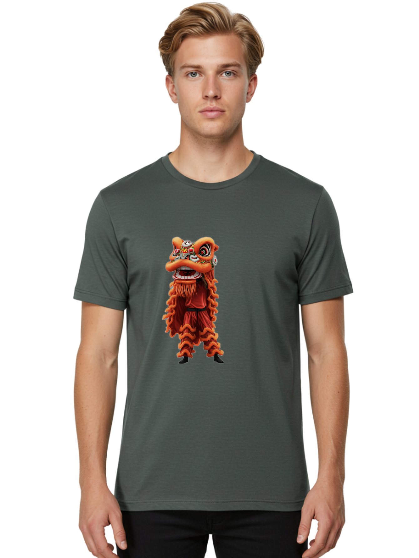 Chinese-Lion-Dance-Costume Men'S Graphic Tee, 100% Cotton, Comfortable Casual Summer Wear, Machine Washable, Chinese Lion Dance, Traditional Costume, Cultural Heritage, Mythical Creature, Vibrant Colors, Lively Performance, Intricate Design, Baa294