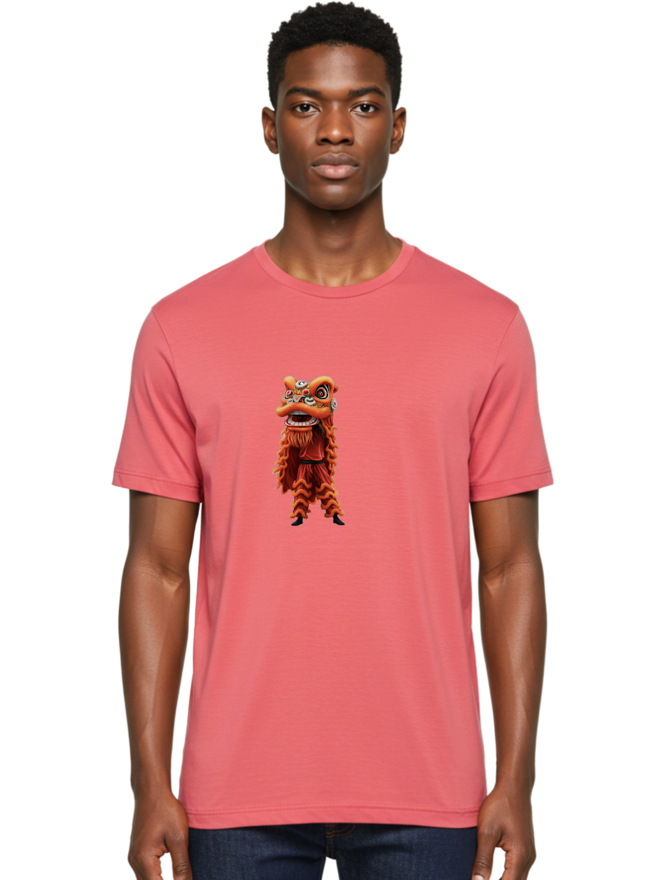 Chinese-Lion-Dance-Costume Men'S Graphic Tee, 100% Cotton, Comfortable Casual Summer Wear, Machine Washable, Chinese Lion Dance, Traditional Costume, Cultural Heritage, Mythical Creature, Vibrant Colors, Lively Performance, Intricate Design, Baa294