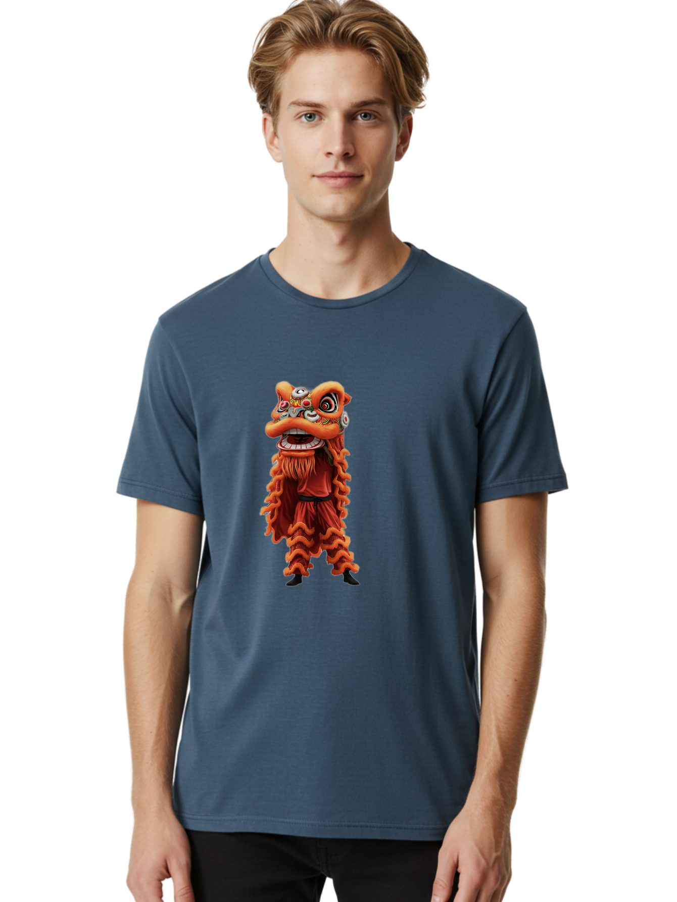 Chinese-Lion-Dance-Costume Men'S Graphic Tee, 100% Cotton, Comfortable Casual Summer Wear, Machine Washable, Chinese Lion Dance, Traditional Costume, Cultural Heritage, Mythical Creature, Vibrant Colors, Lively Performance, Intricate Design, Baa294