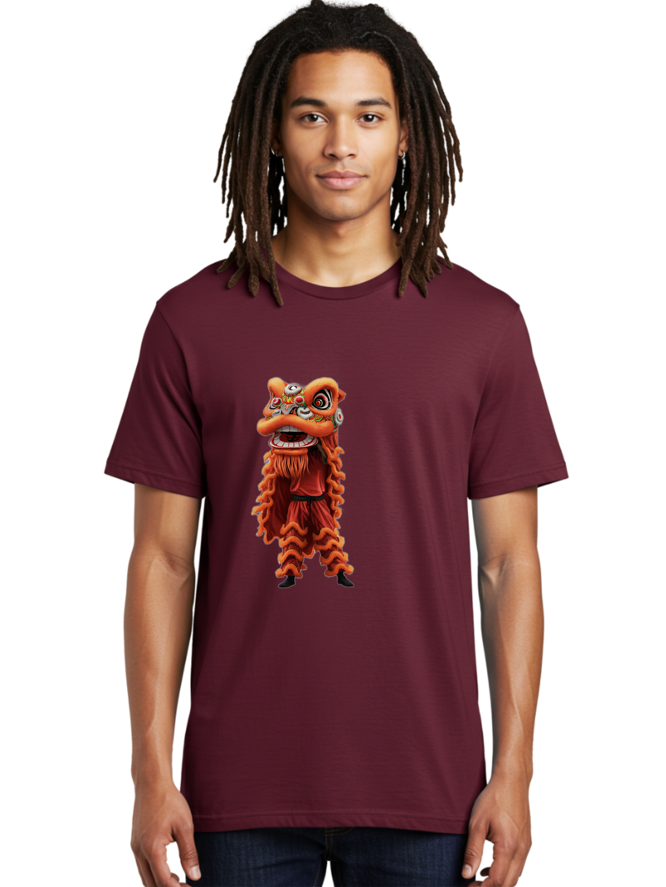 Chinese-Lion-Dance-Costume Men'S Graphic Tee, 100% Cotton, Comfortable Casual Summer Wear, Machine Washable, Chinese Lion Dance, Traditional Costume, Cultural Heritage, Mythical Creature, Vibrant Colors, Lively Performance, Intricate Design, Baa294