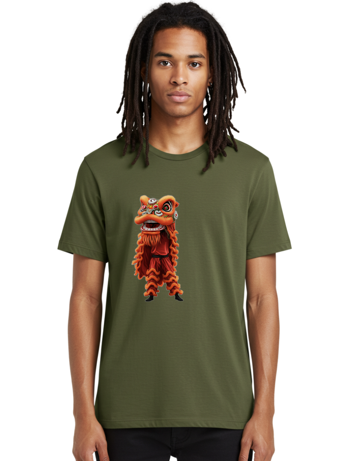 Chinese-Lion-Dance-Costume Men'S Graphic Tee, 100% Cotton, Comfortable Casual Summer Wear, Machine Washable, Chinese Lion Dance, Traditional Costume, Cultural Heritage, Mythical Creature, Vibrant Colors, Lively Performance, Intricate Design, Baa294