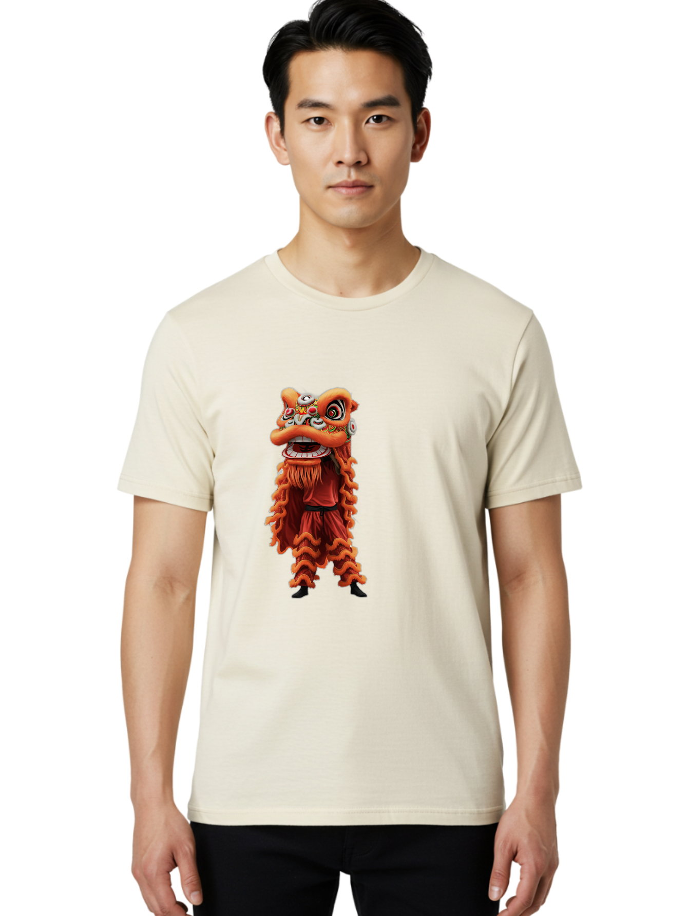Chinese-Lion-Dance-Costume Men'S Graphic Tee, 100% Cotton, Comfortable Casual Summer Wear, Machine Washable, Chinese Lion Dance, Traditional Costume, Cultural Heritage, Mythical Creature, Vibrant Colors, Lively Performance, Intricate Design, Baa294