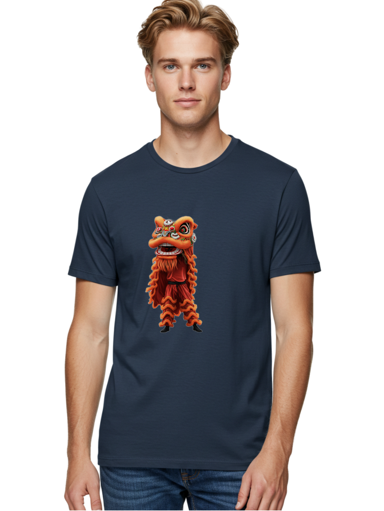 Chinese-Lion-Dance-Costume Men'S Graphic Tee, 100% Cotton, Comfortable Casual Summer Wear, Machine Washable, Chinese Lion Dance, Traditional Costume, Cultural Heritage, Mythical Creature, Vibrant Colors, Lively Performance, Intricate Design, Baa294