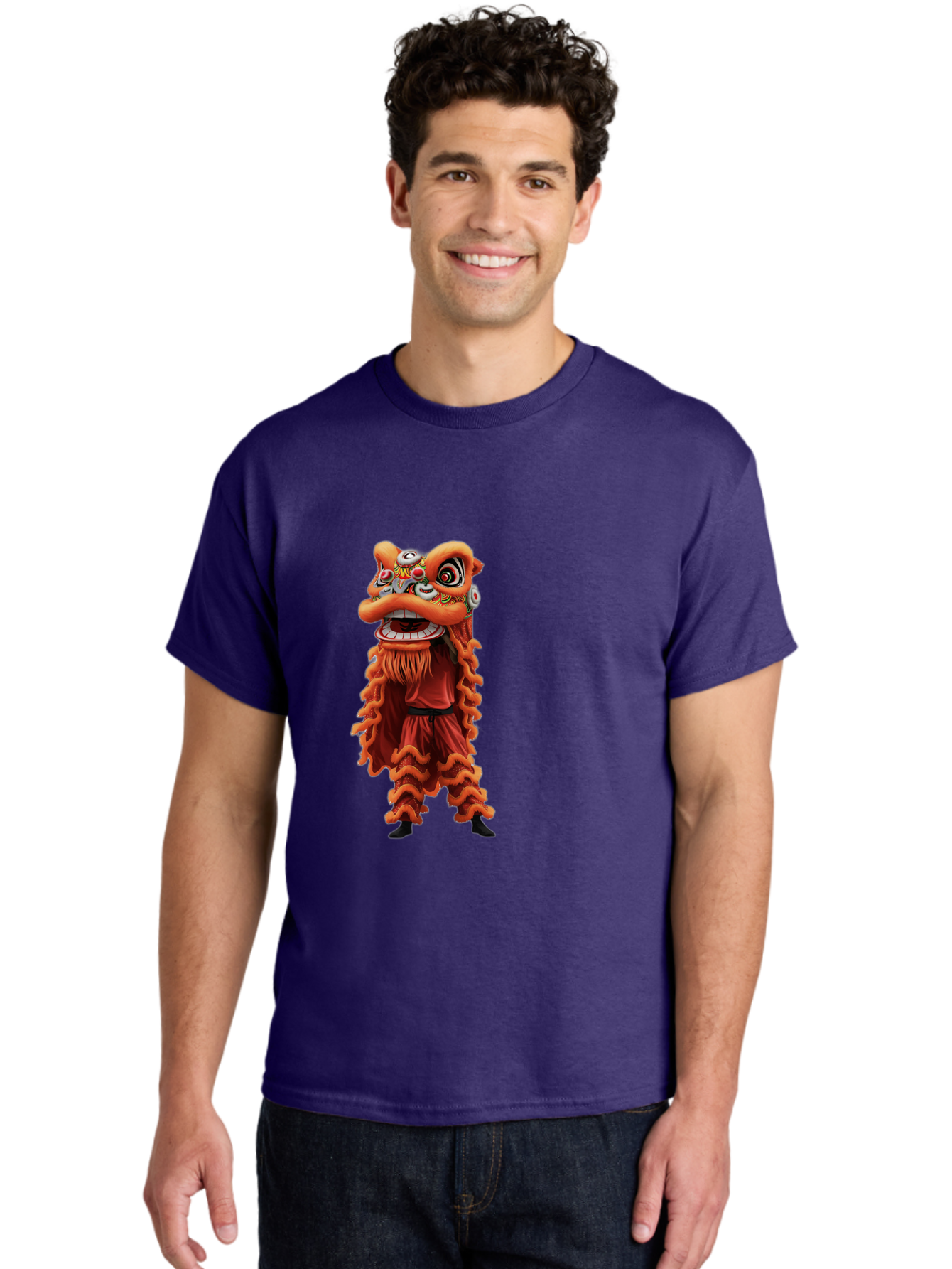 Chinese-Lion-Dance-Costume Men'S Graphic Tee, 100% Cotton, Comfortable Casual Summer Wear, Machine Washable, Chinese Lion Dance, Traditional Costume, Cultural Heritage, Mythical Creature, Vibrant Colors, Lively Performance, Intricate Design, Baa294