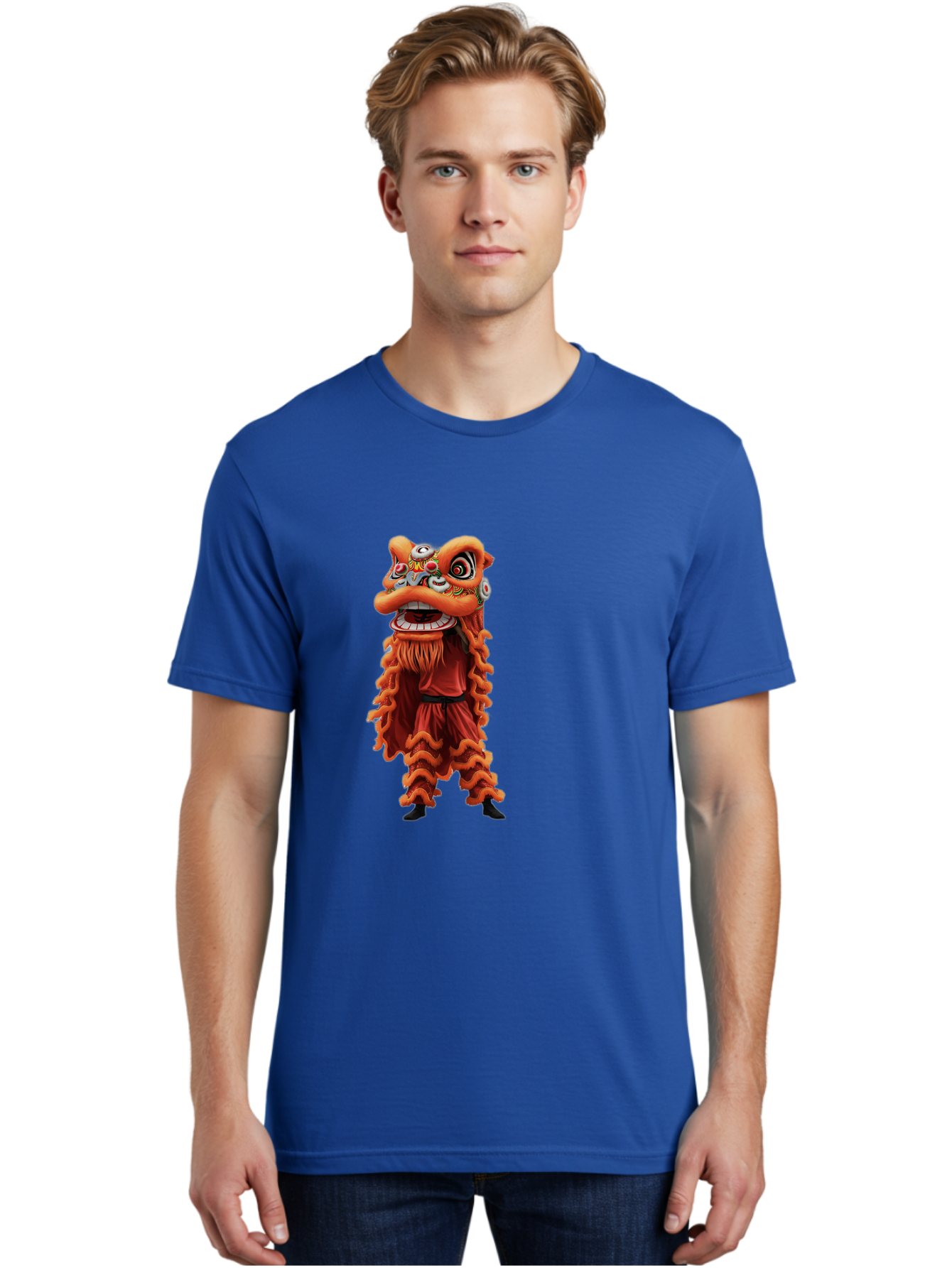 Chinese-Lion-Dance-Costume Men'S Graphic Tee, 100% Cotton, Comfortable Casual Summer Wear, Machine Washable, Chinese Lion Dance, Traditional Costume, Cultural Heritage, Mythical Creature, Vibrant Colors, Lively Performance, Intricate Design, Baa294