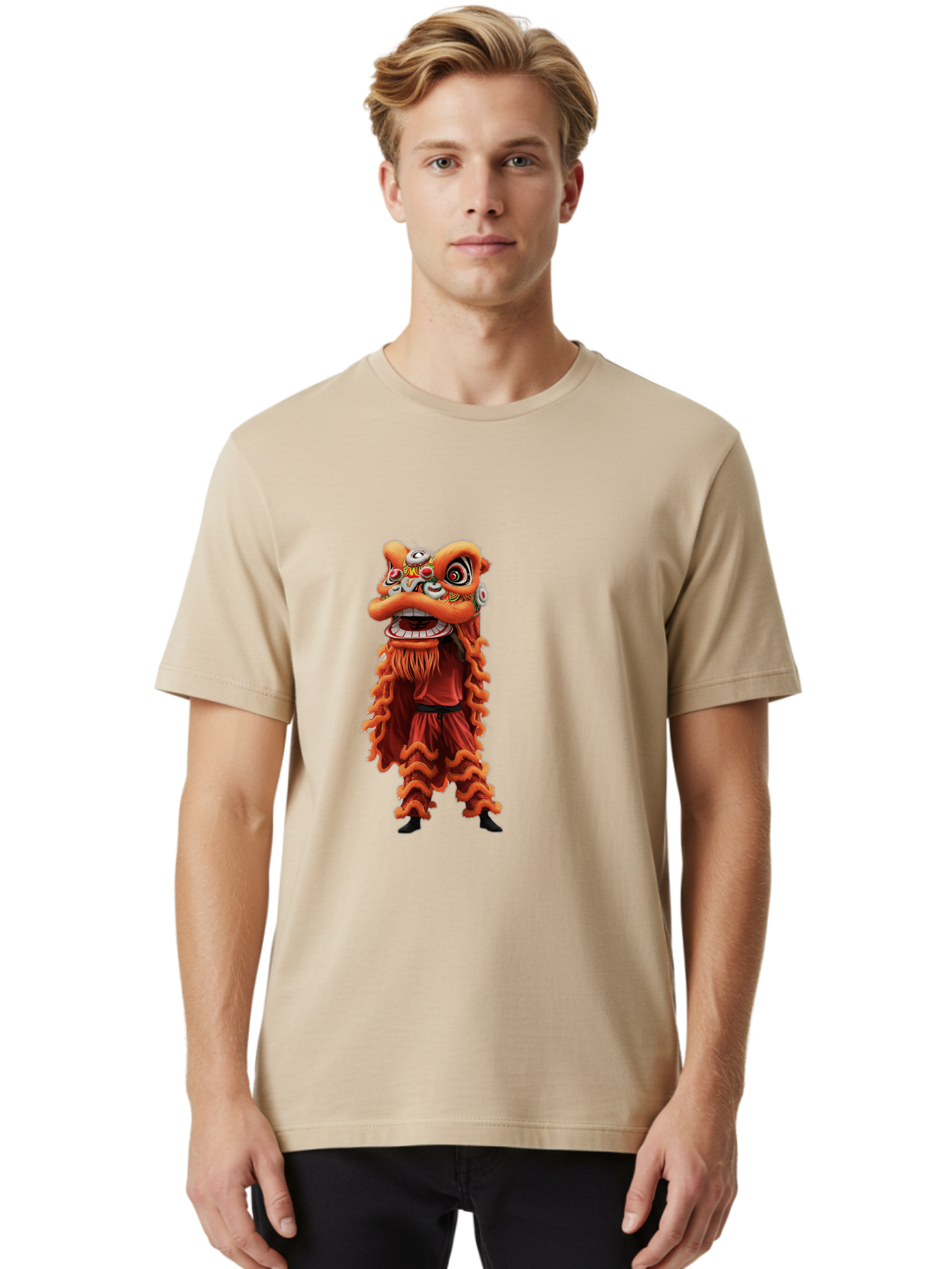 Chinese-Lion-Dance-Costume Men'S Graphic Tee, 100% Cotton, Comfortable Casual Summer Wear, Machine Washable, Chinese Lion Dance, Traditional Costume, Cultural Heritage, Mythical Creature, Vibrant Colors, Lively Performance, Intricate Design, Baa294