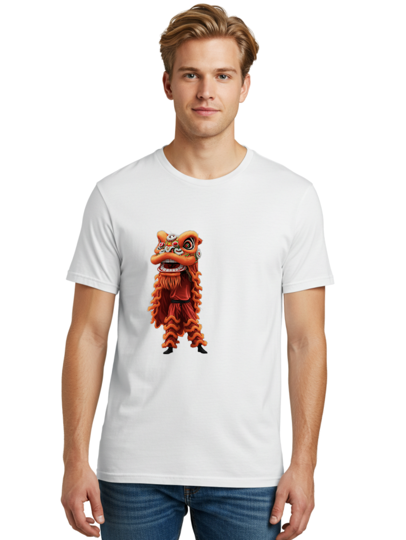Chinese-Lion-Dance-Costume Men'S Graphic Tee, 100% Cotton, Comfortable Casual Summer Wear, Machine Washable, Chinese Lion Dance, Traditional Costume, Cultural Heritage, Mythical Creature, Vibrant Colors, Lively Performance, Intricate Design, Baa294