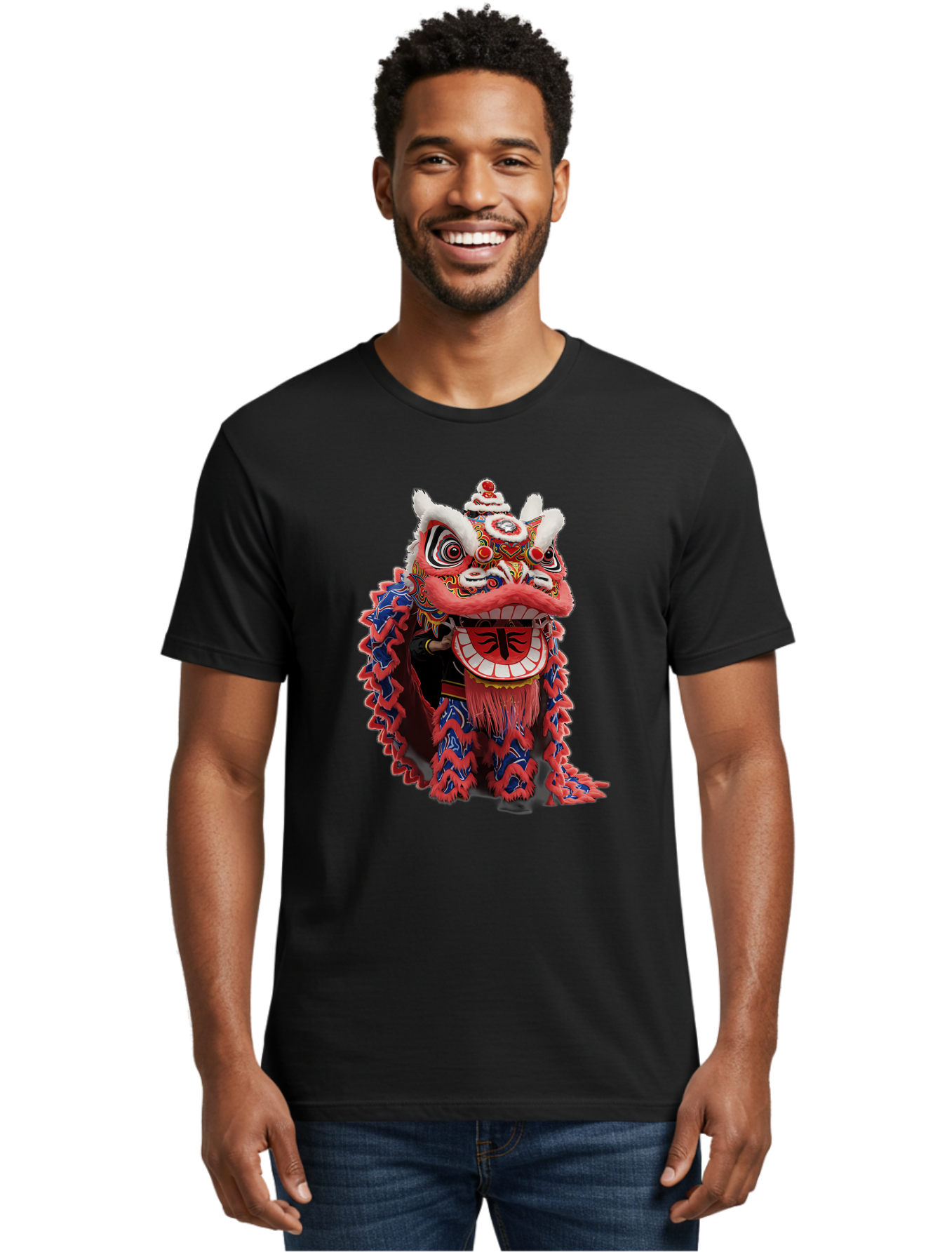 Chinese-Lion-Dance-Head Men'S Graphic Tee, 100% Cotton, Comfortable Casual Summer Wear, Machine Washable, Lion Dance Costume, Traditional Chinese Lion, Cultural Heritage, Festive Celebrations, Vibrant Colors, Intricate Designs, Baa295