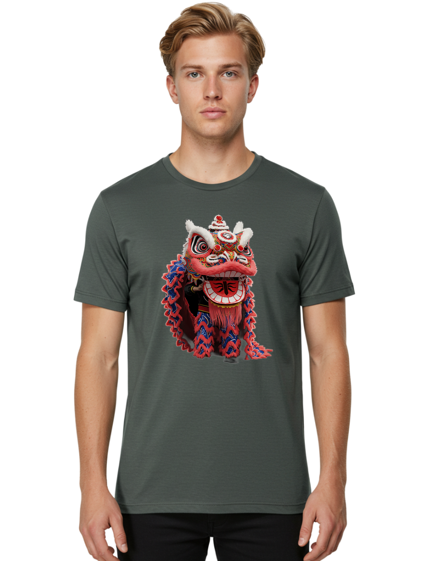 Chinese-Lion-Dance-Head Men'S Graphic Tee, 100% Cotton, Comfortable Casual Summer Wear, Machine Washable, Lion Dance Costume, Traditional Chinese Lion, Cultural Heritage, Festive Celebrations, Vibrant Colors, Intricate Designs, Baa295