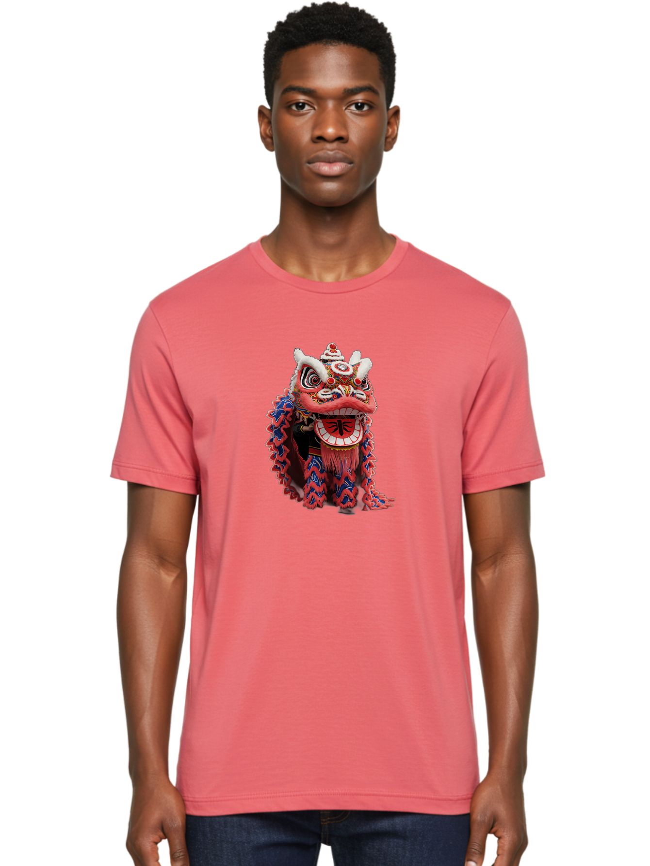 Chinese-Lion-Dance-Head Men'S Graphic Tee, 100% Cotton, Comfortable Casual Summer Wear, Machine Washable, Lion Dance Costume, Traditional Chinese Lion, Cultural Heritage, Festive Celebrations, Vibrant Colors, Intricate Designs, Baa295